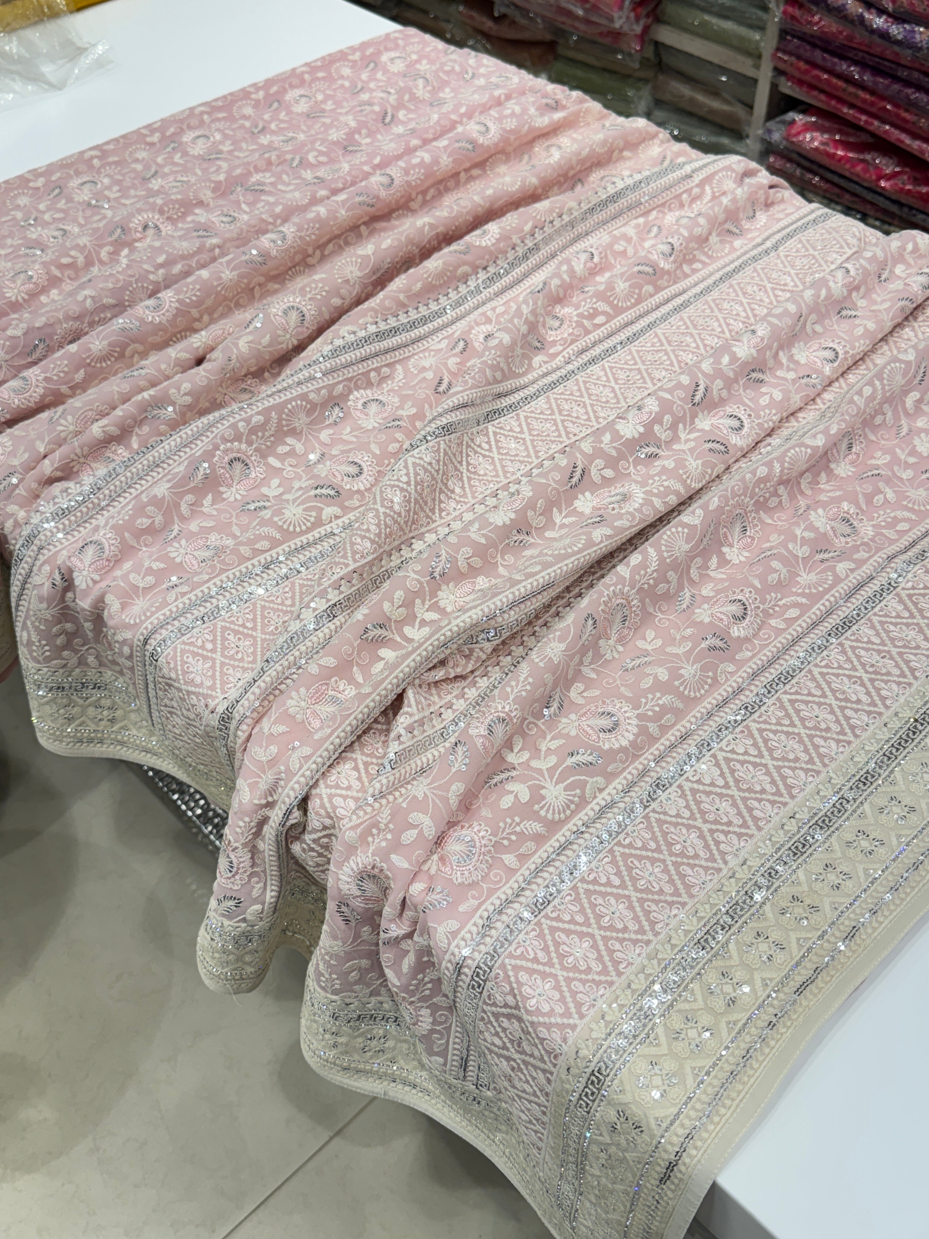 Pink Chikankari Saree Floral Design with Moti Embroidery