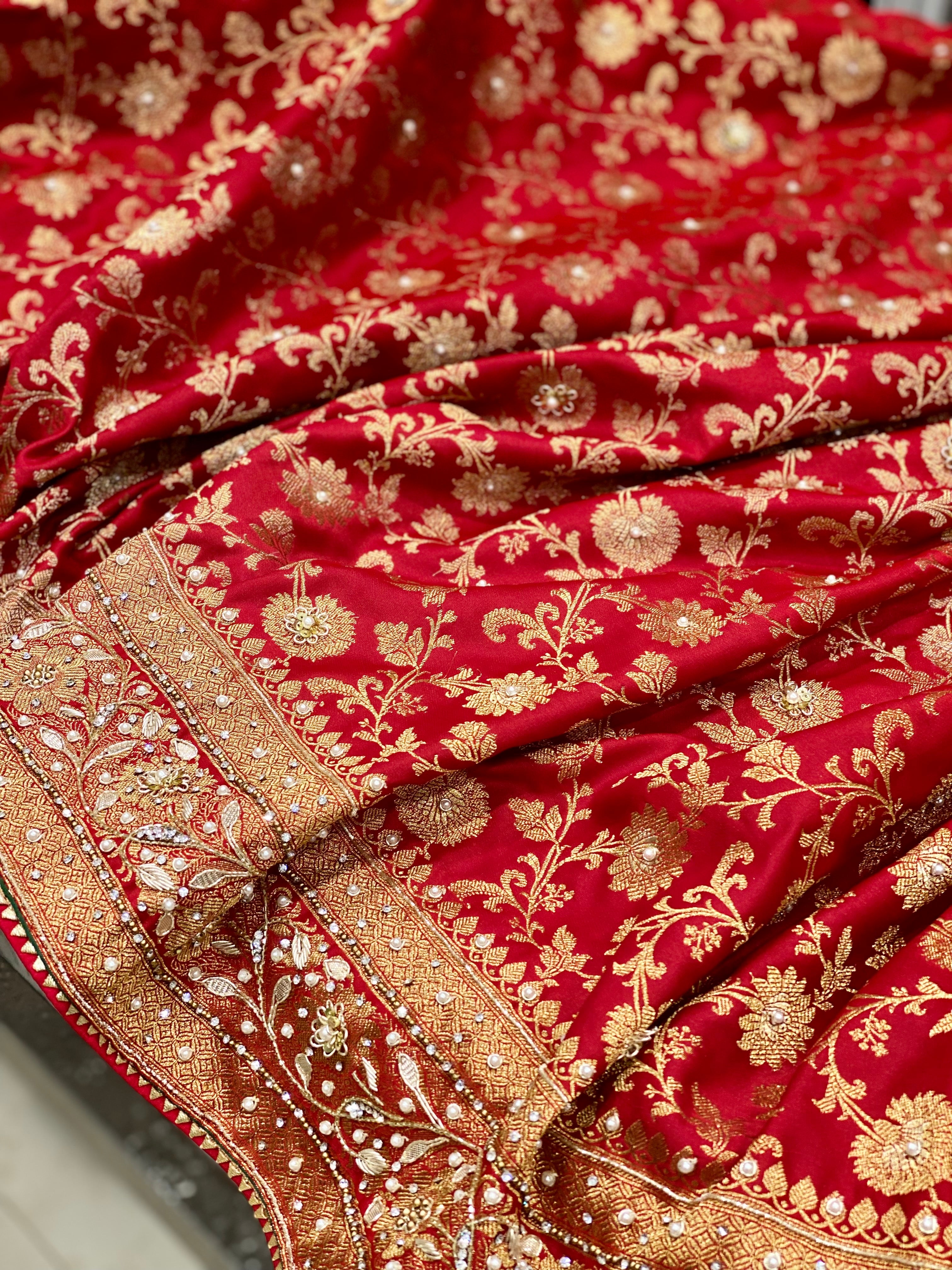 Red Banarasi Small Jaal Hand Embroidery Saree