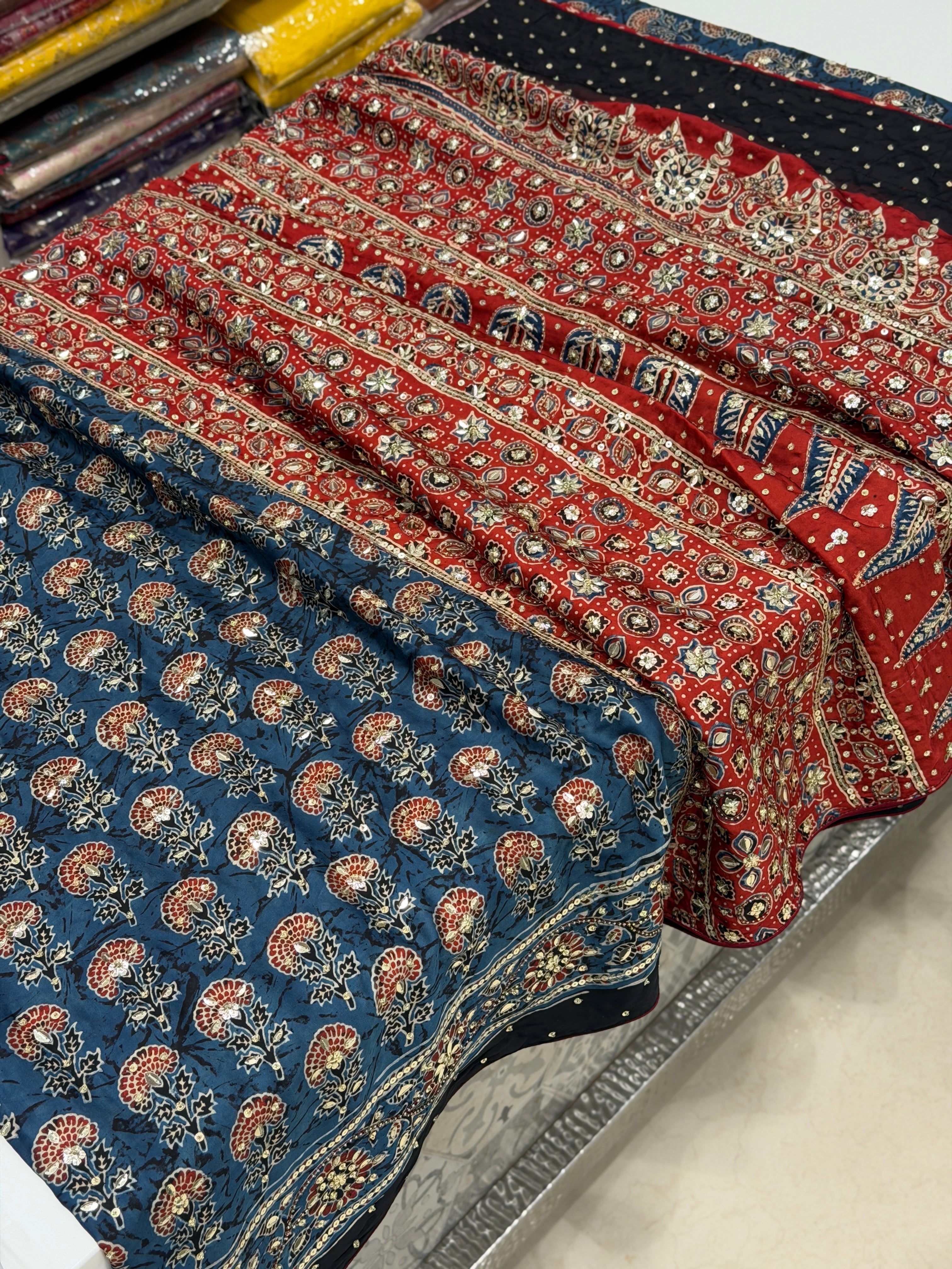 Blue Red Buttas Ajrakh Sequin Moti Hand Embroidery Saree