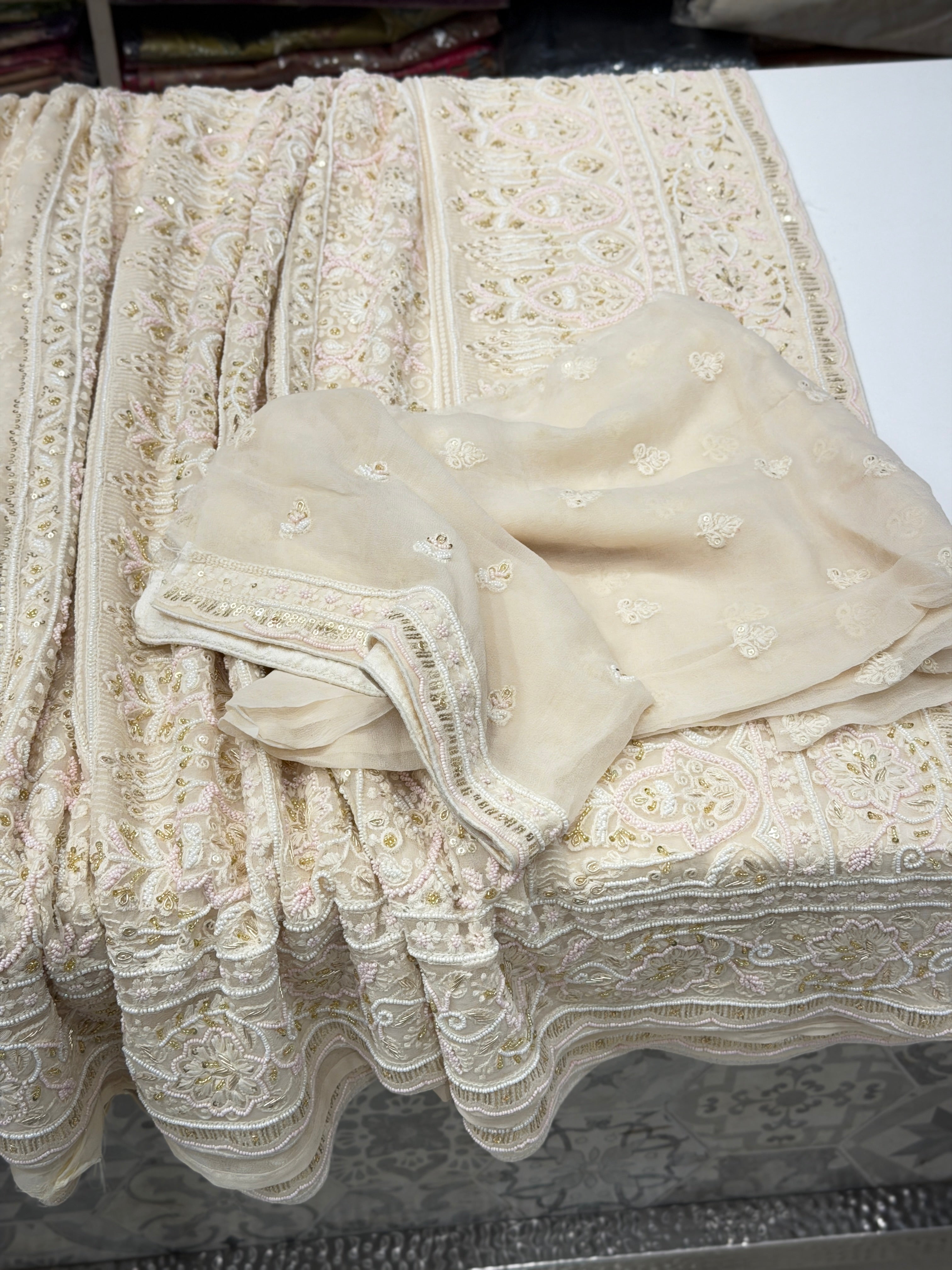 White Chikankari Kidiya Moti Zardosi Hand Embroidery Saree