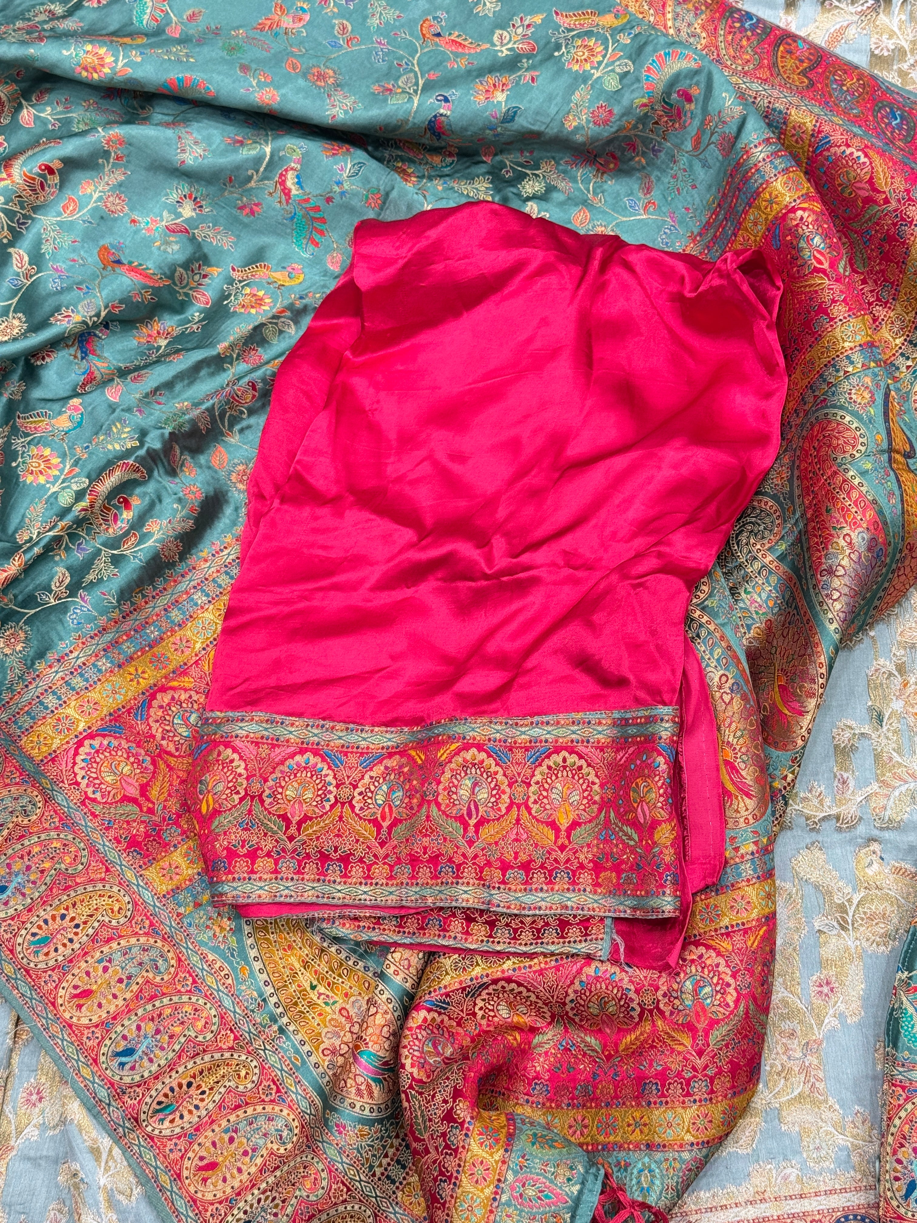 Firozi Banarasi Modal Satin Pashmina Style Jaal Saree