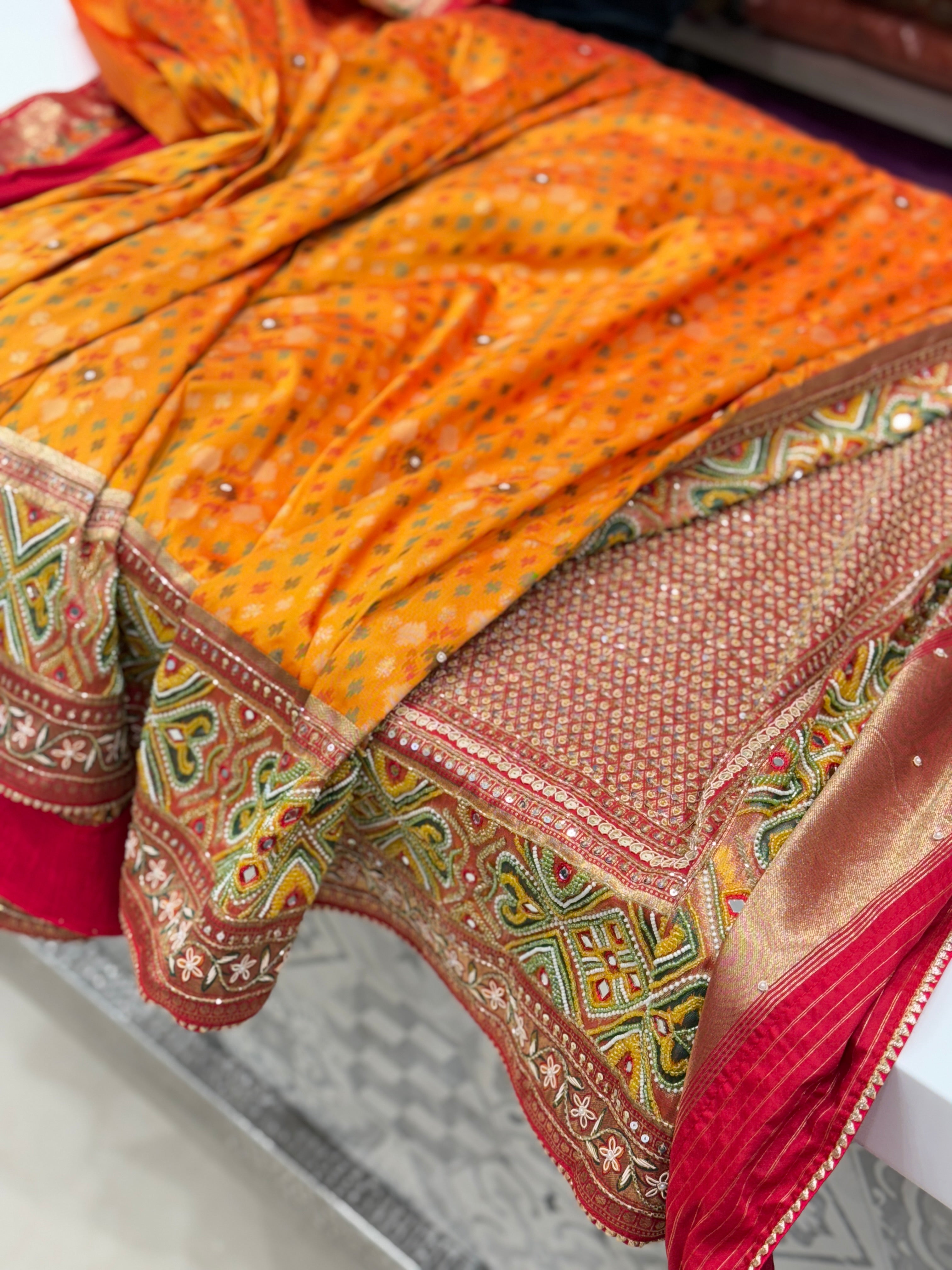 Orange Patola Moti Embroidery Saree