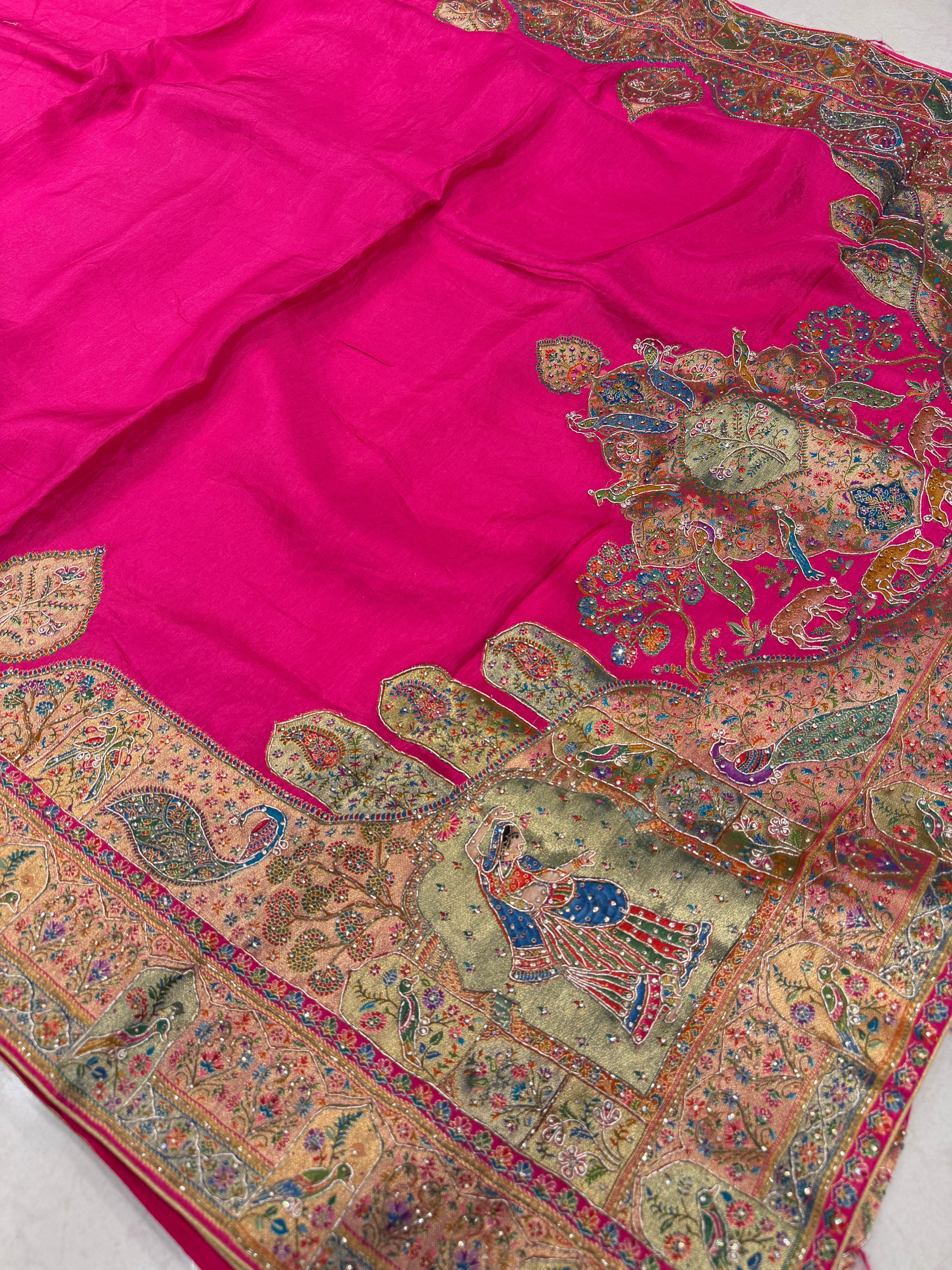 Rani Pashmina Plain Body Hand Embroidery Zardosi Border Saree