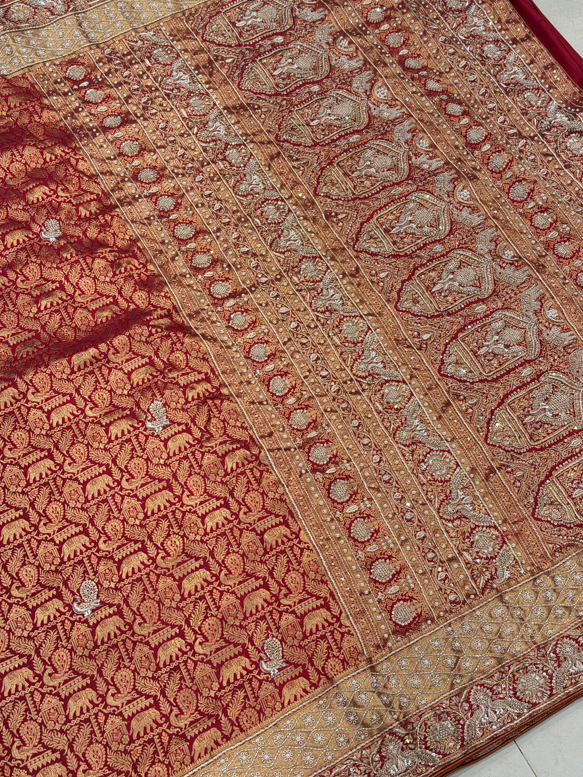 Maroon Kanjivaram Peacock Motifs Zardosi Hand Embroidery Saree