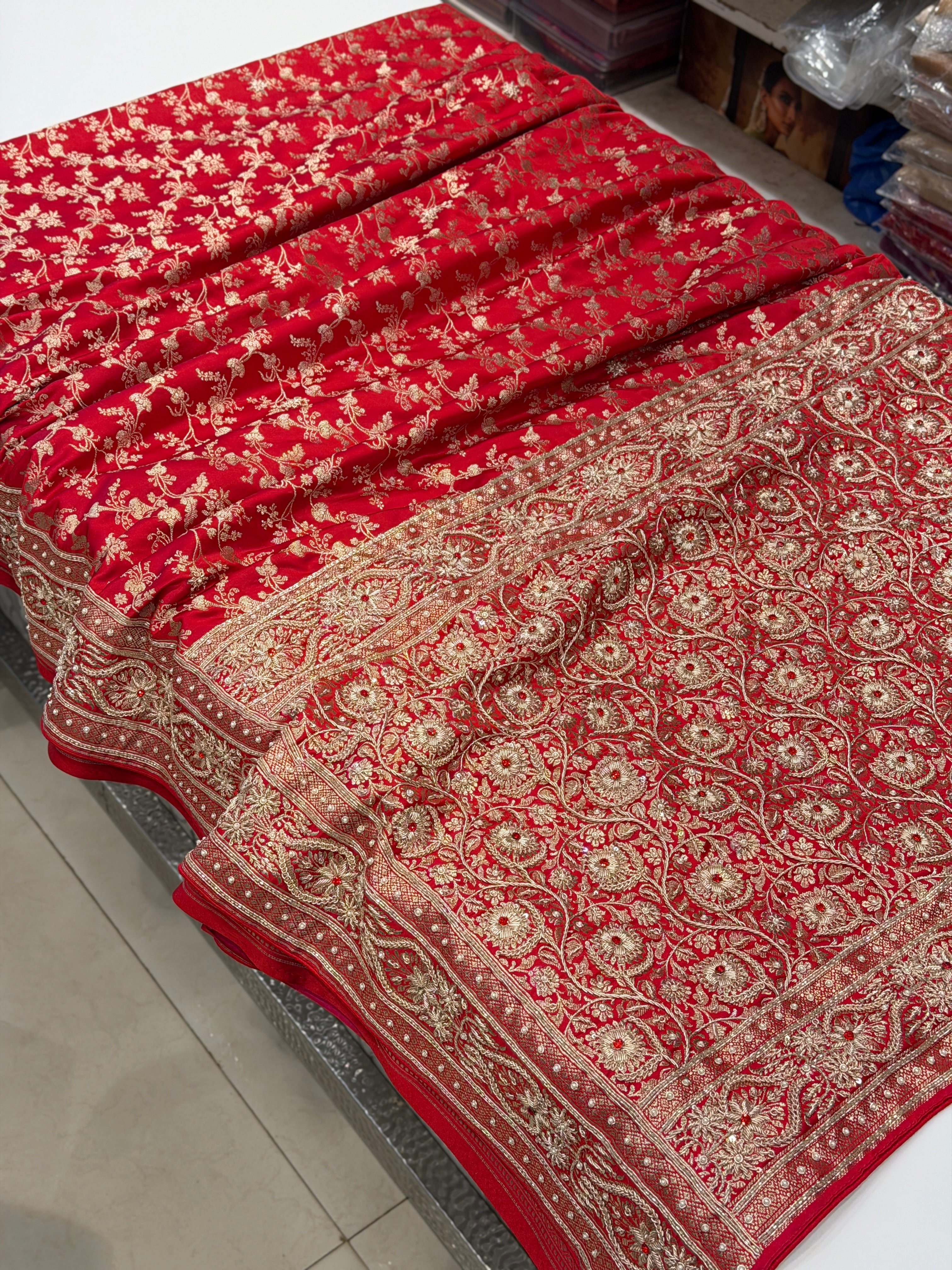 Red Banarasi Periwinkle Jaal Zardosi Crystal Hand Embroidery Saree