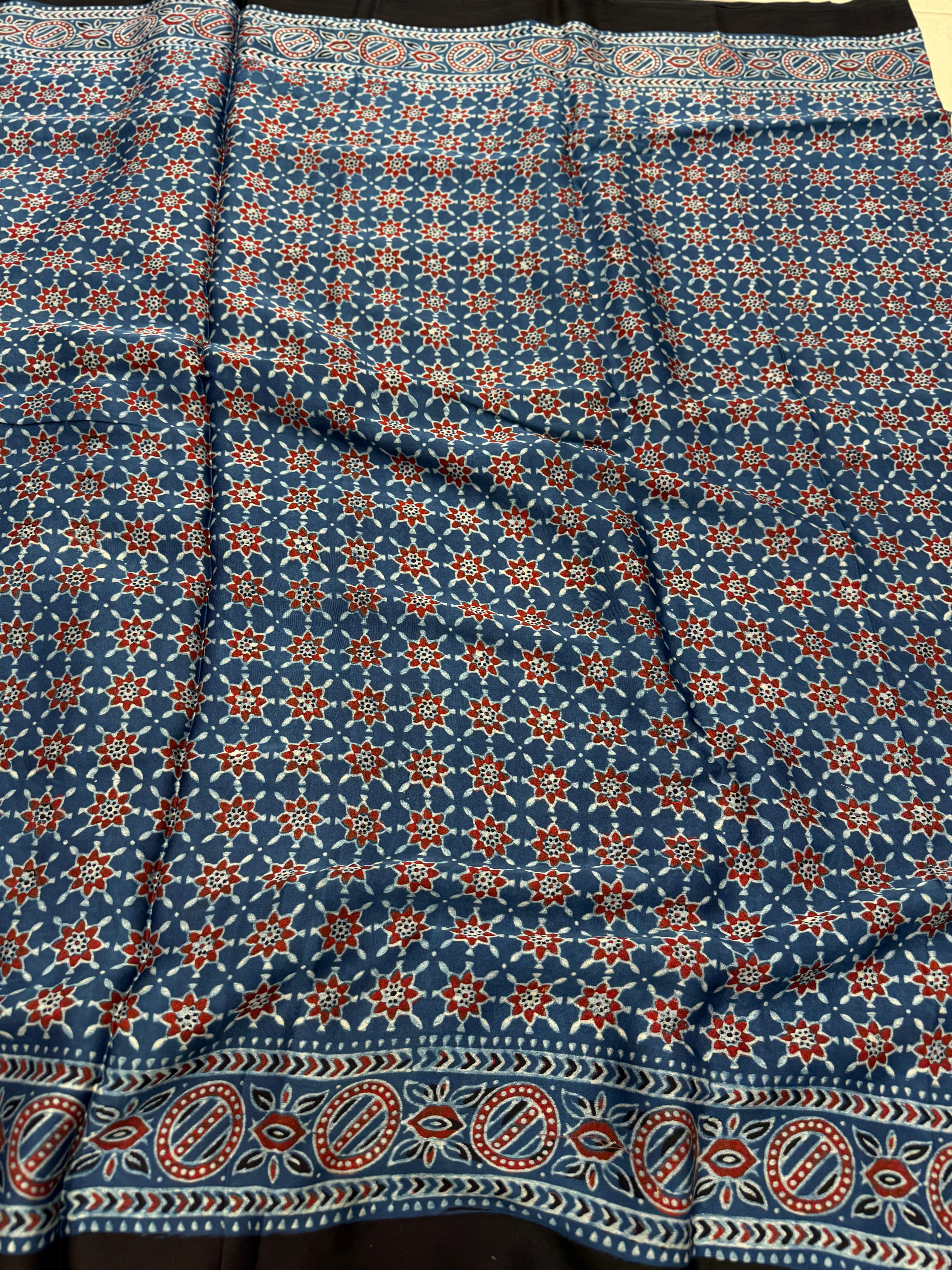 Blue Star Butti Ajrakh Hand Block Print Pure Modal Silk Saree