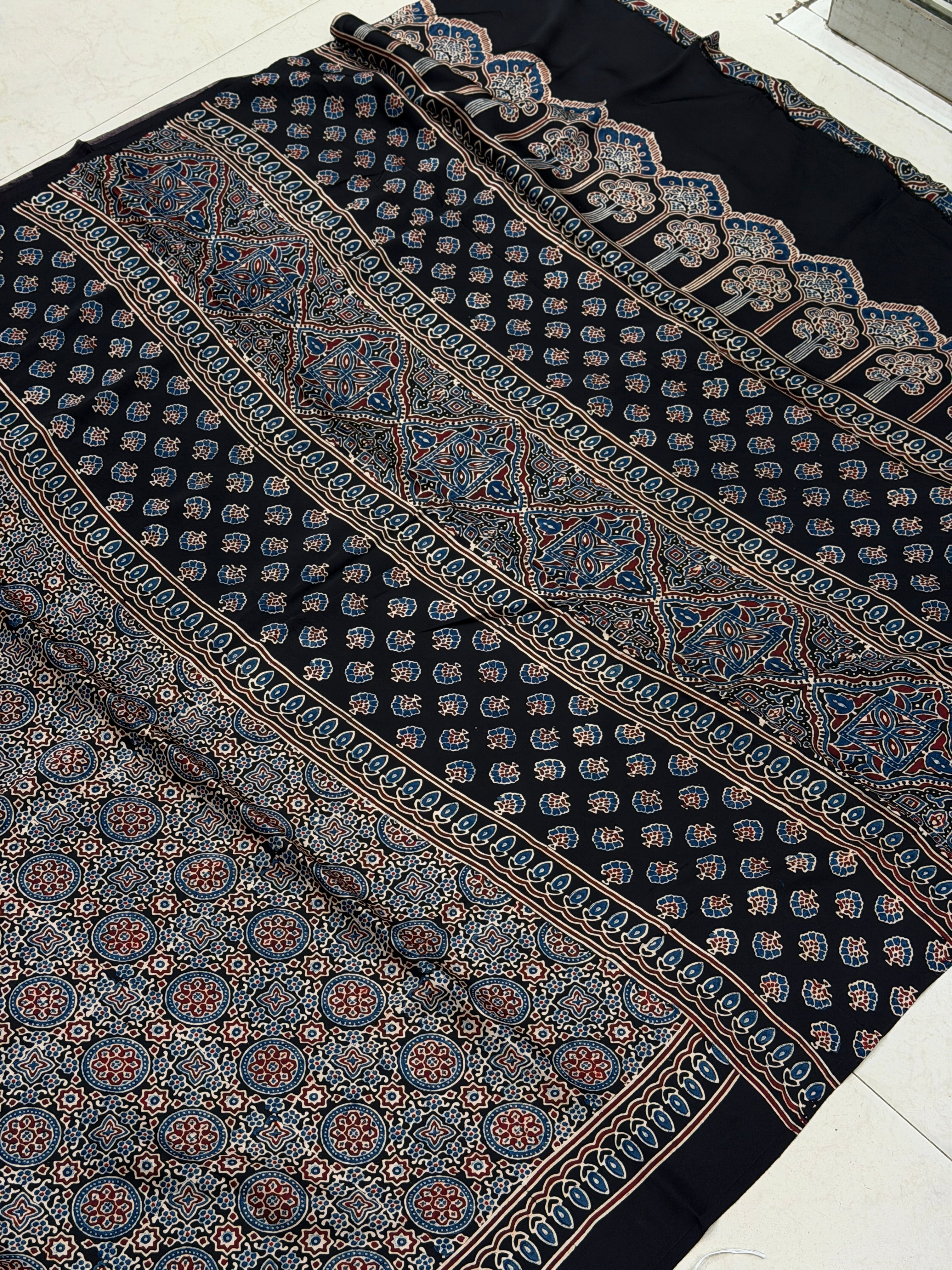 Black Star Chakri Ajrakh Hand Block Print Pure Modal Silk Saree
