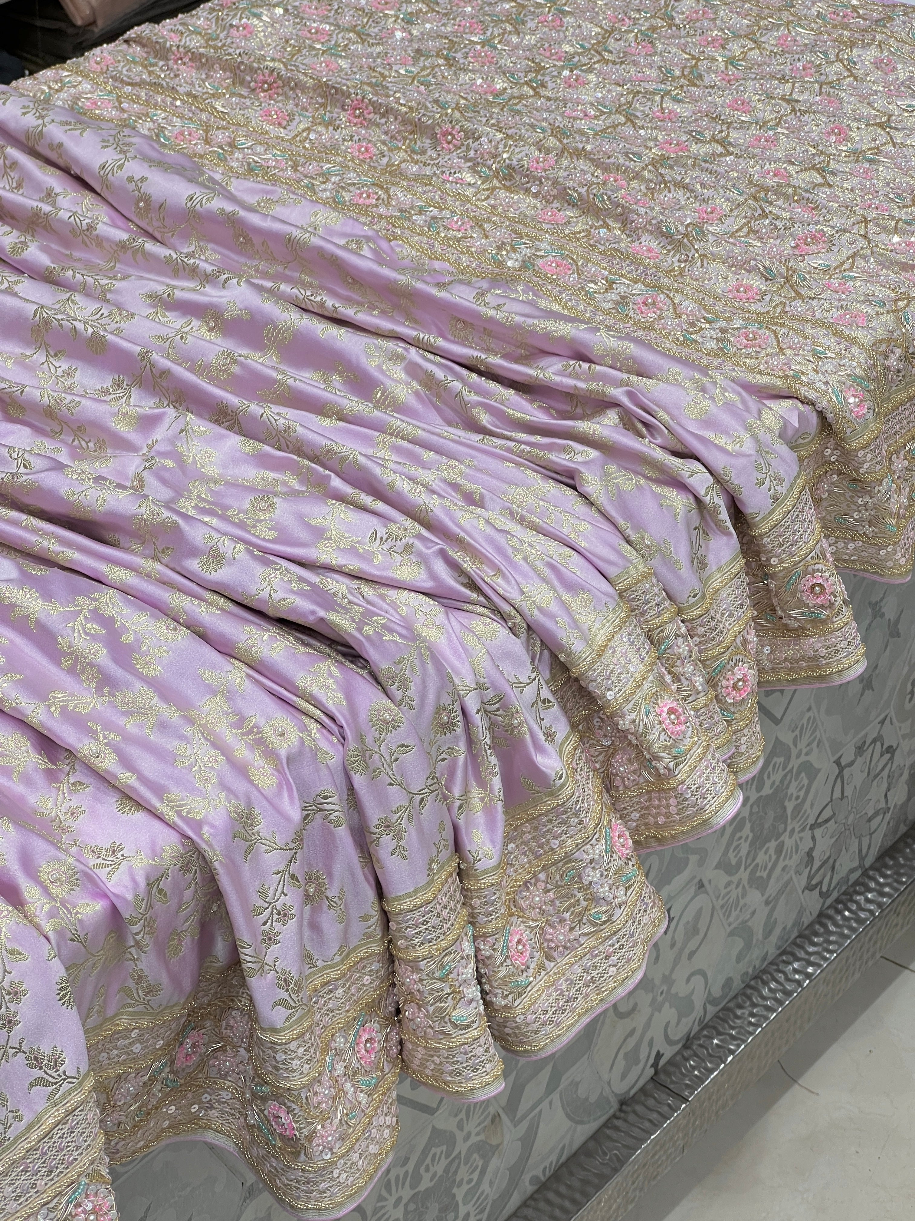 Lilac Banarasi Flower Border Fancy Hand Embroidery Saree