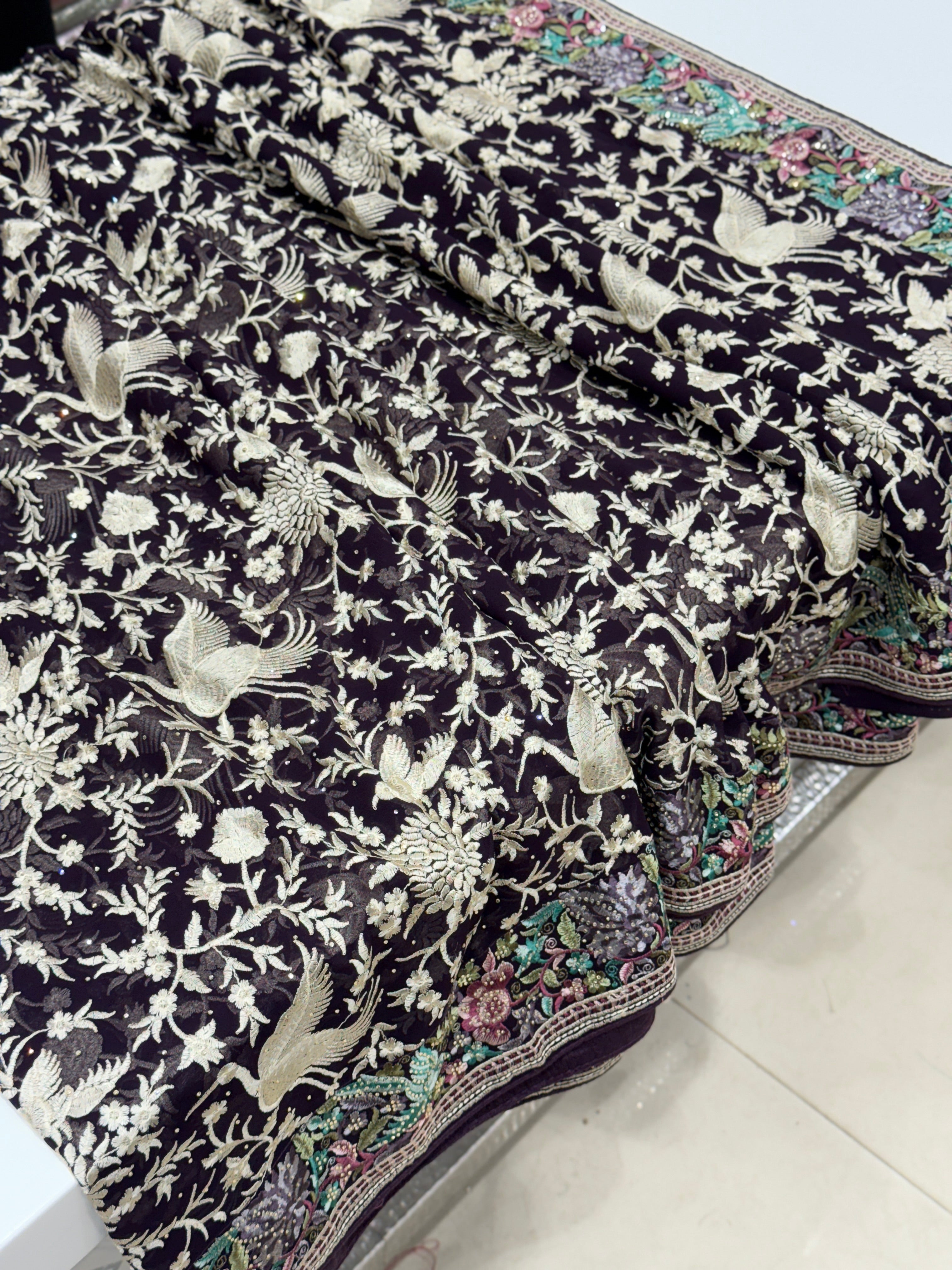 Black Parsi Gara Saree with Stone Work Resham Embroidery