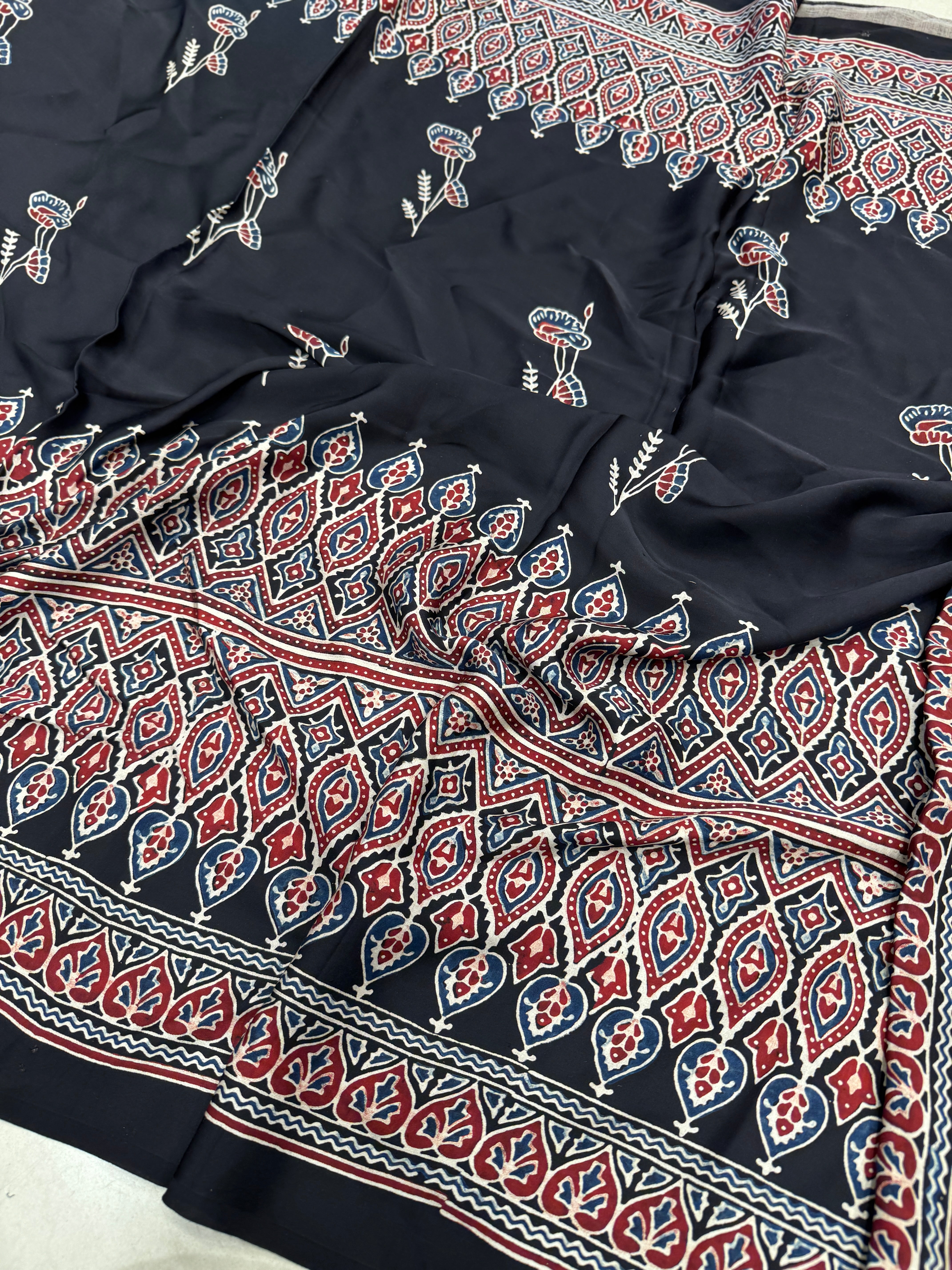 Black Contemporary Ajrakh Hand Block Print Pure Gajji Silk Saree