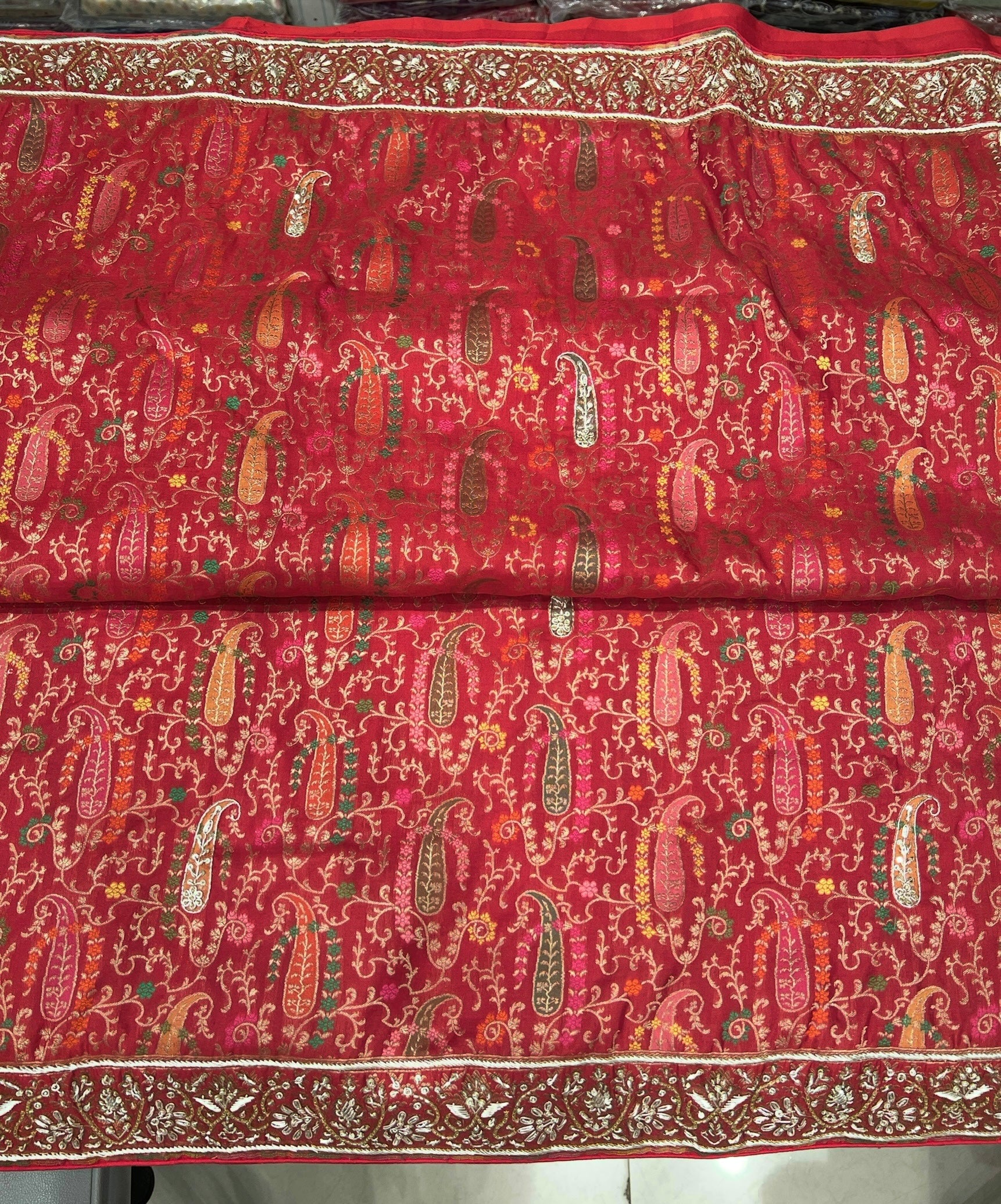 Red Meenakari Katan Hand Embroidered Zardozi Saree