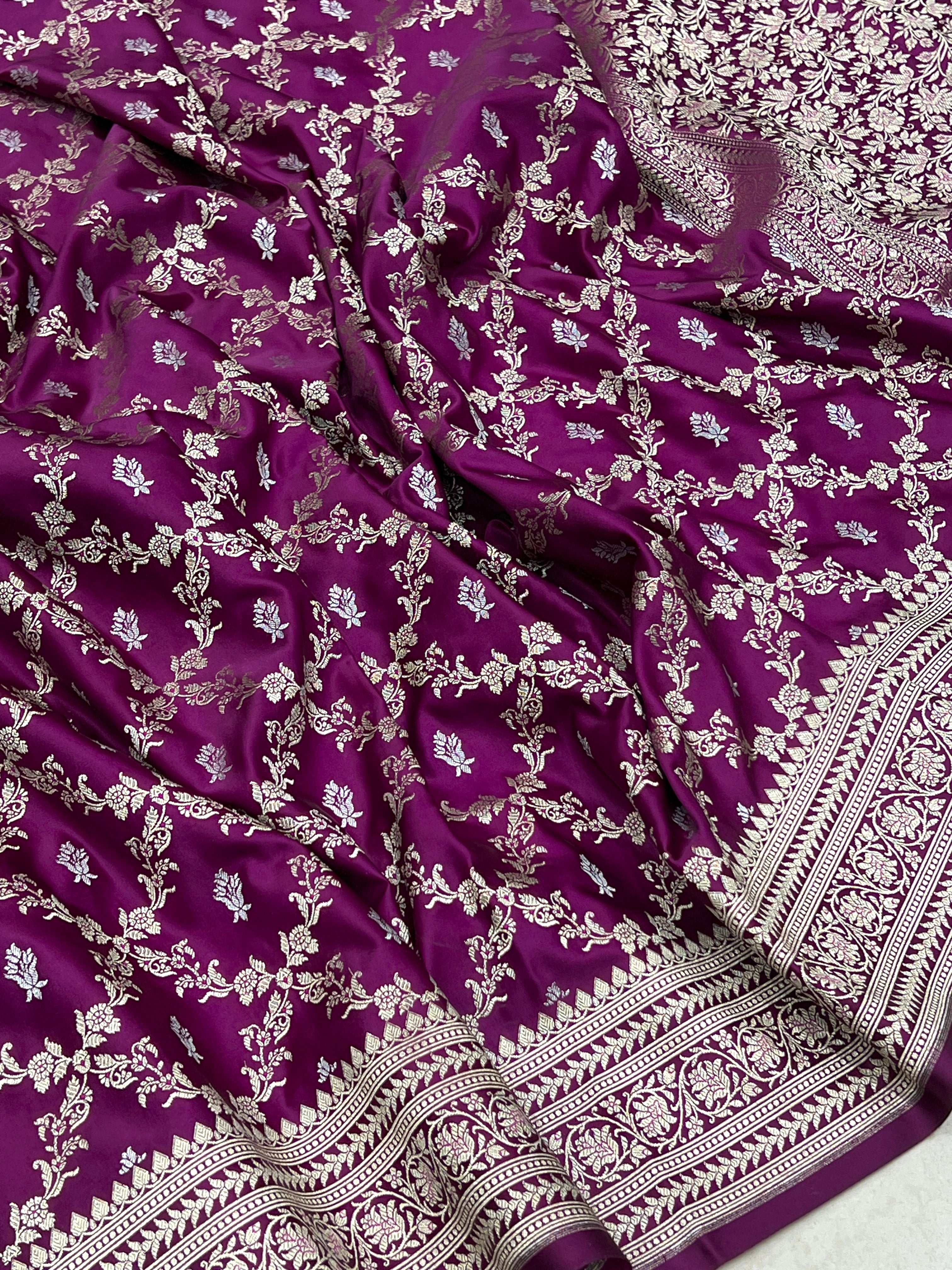 Wine Banarasi Silk Criss Cross Butti Saree