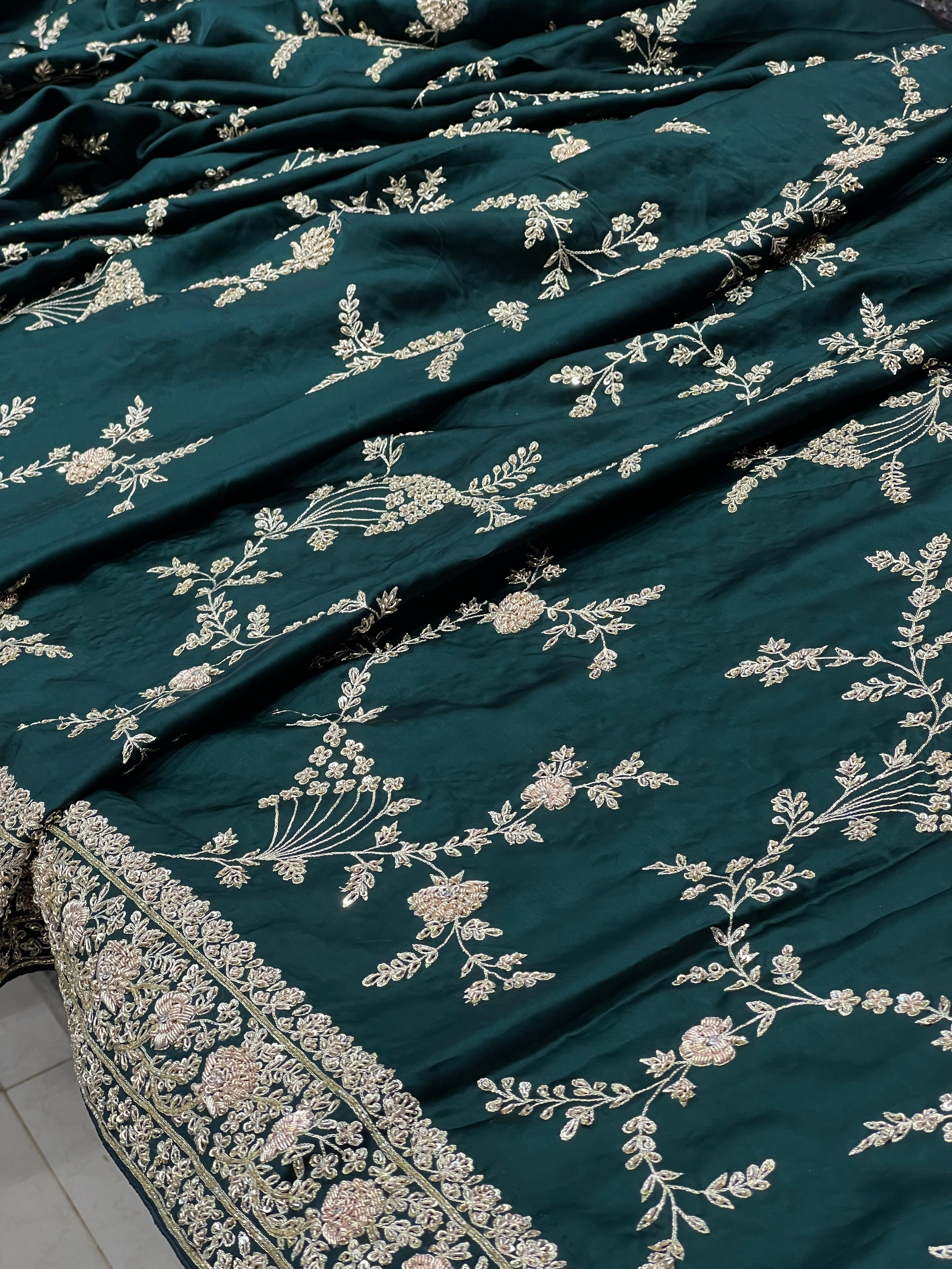 Green Pure Satin Zardosi Embroidery Saree
