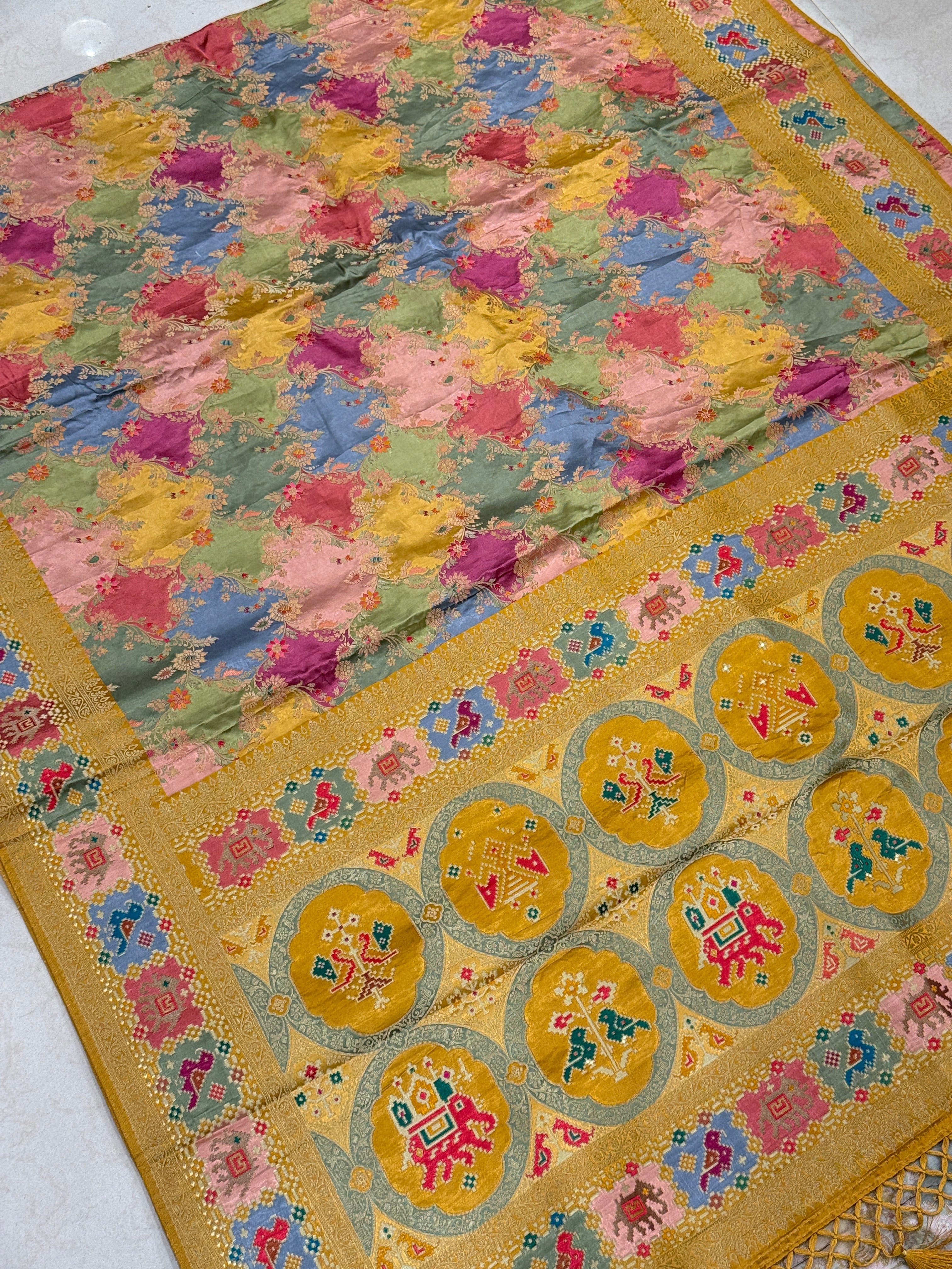Mustard Yellow Banarasi Rangkat Fusion Patola Border Saree