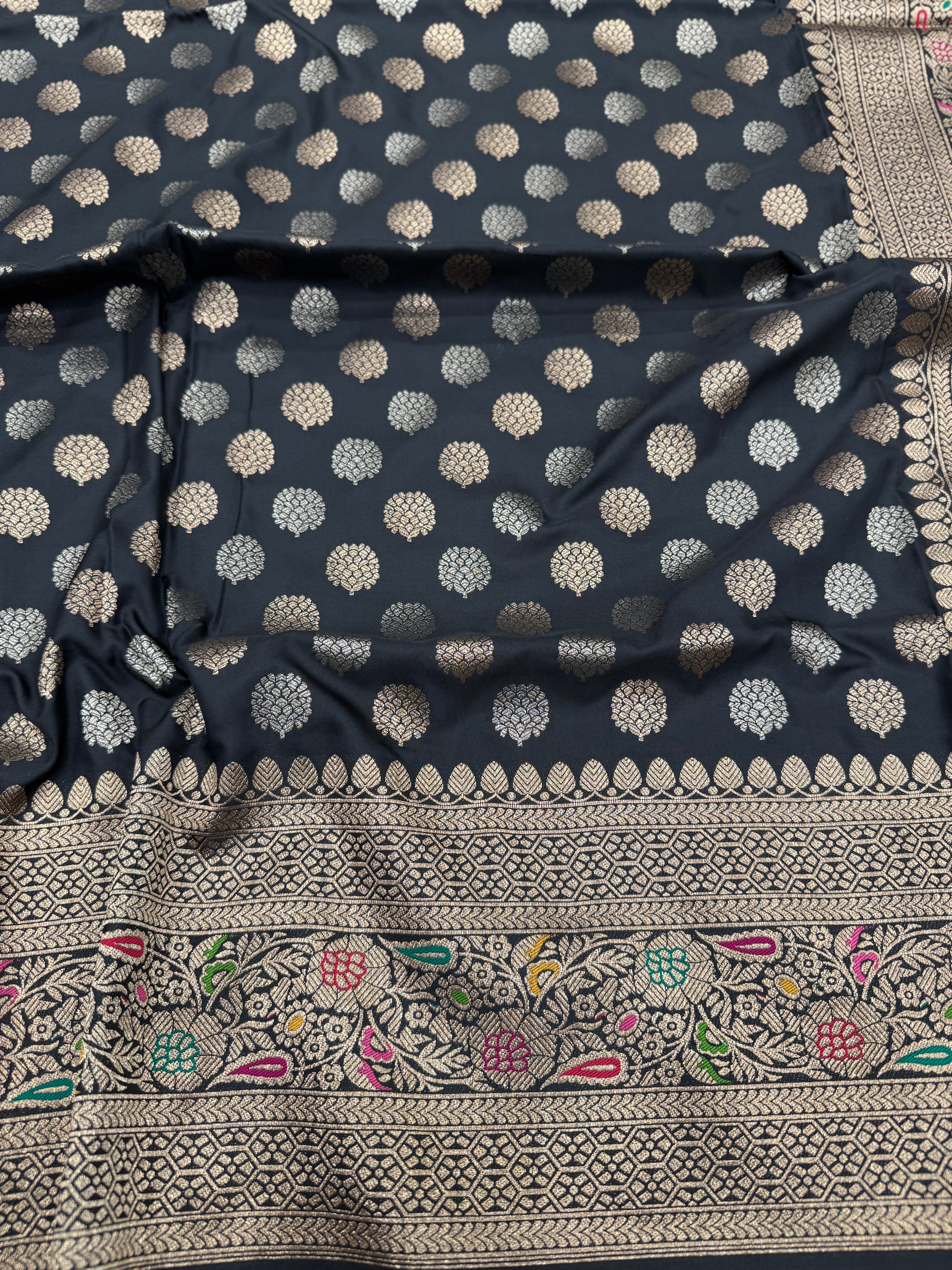 Black Butti Banarasi Silk Meena Border Saree