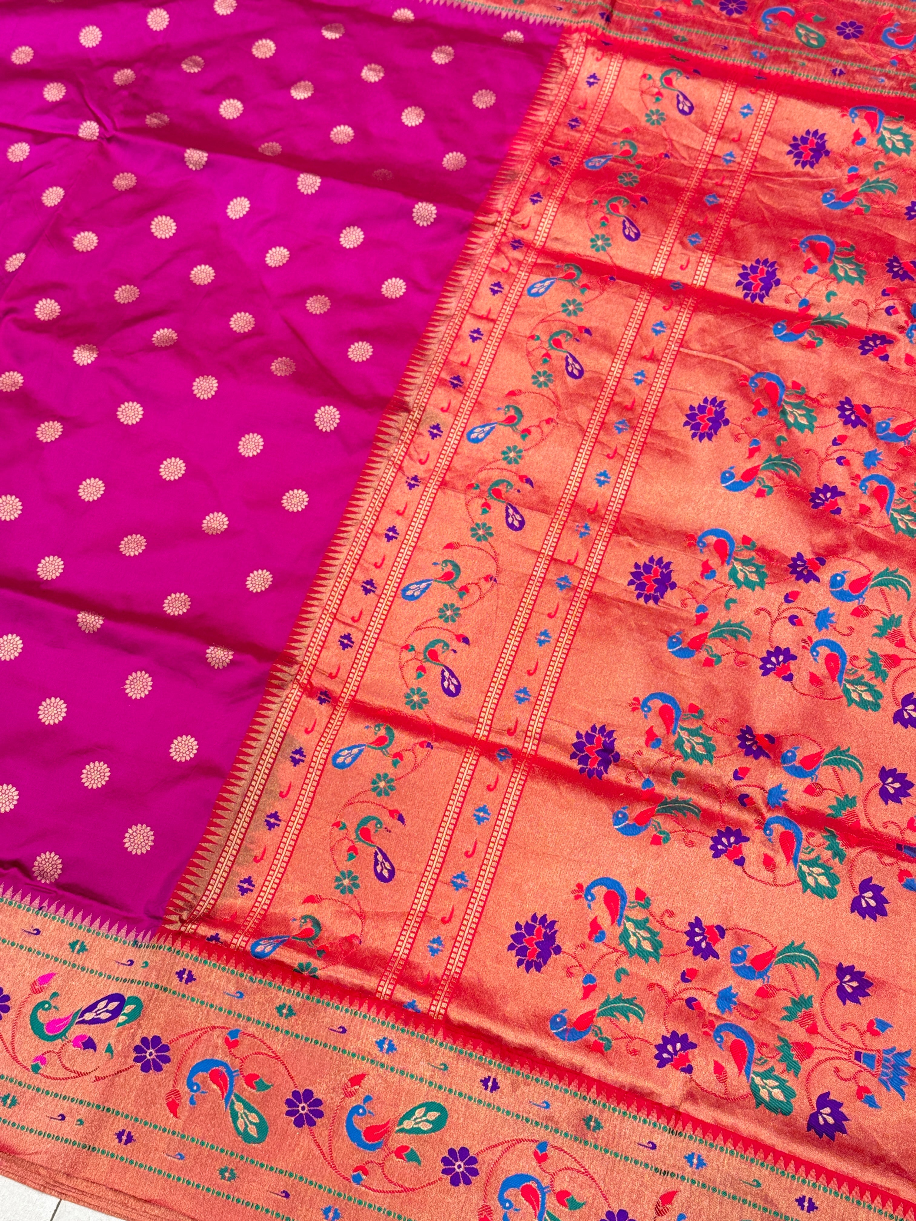 Cross Violet Butti Pure Silk Paithani Saree