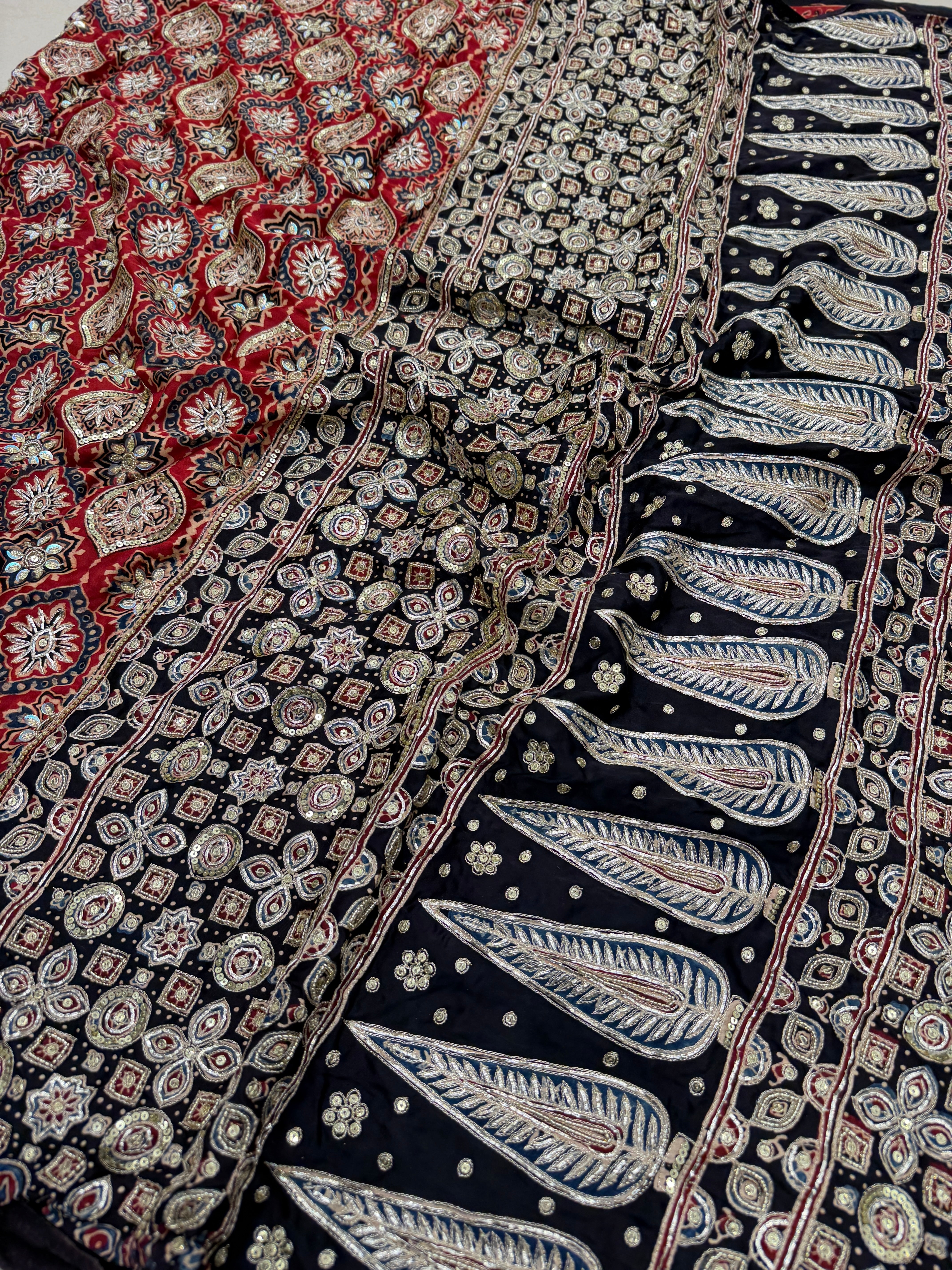 Black Red Badam Jaal Pita Zardosi Sequin Ajrakh Hand Embroidery Saree
