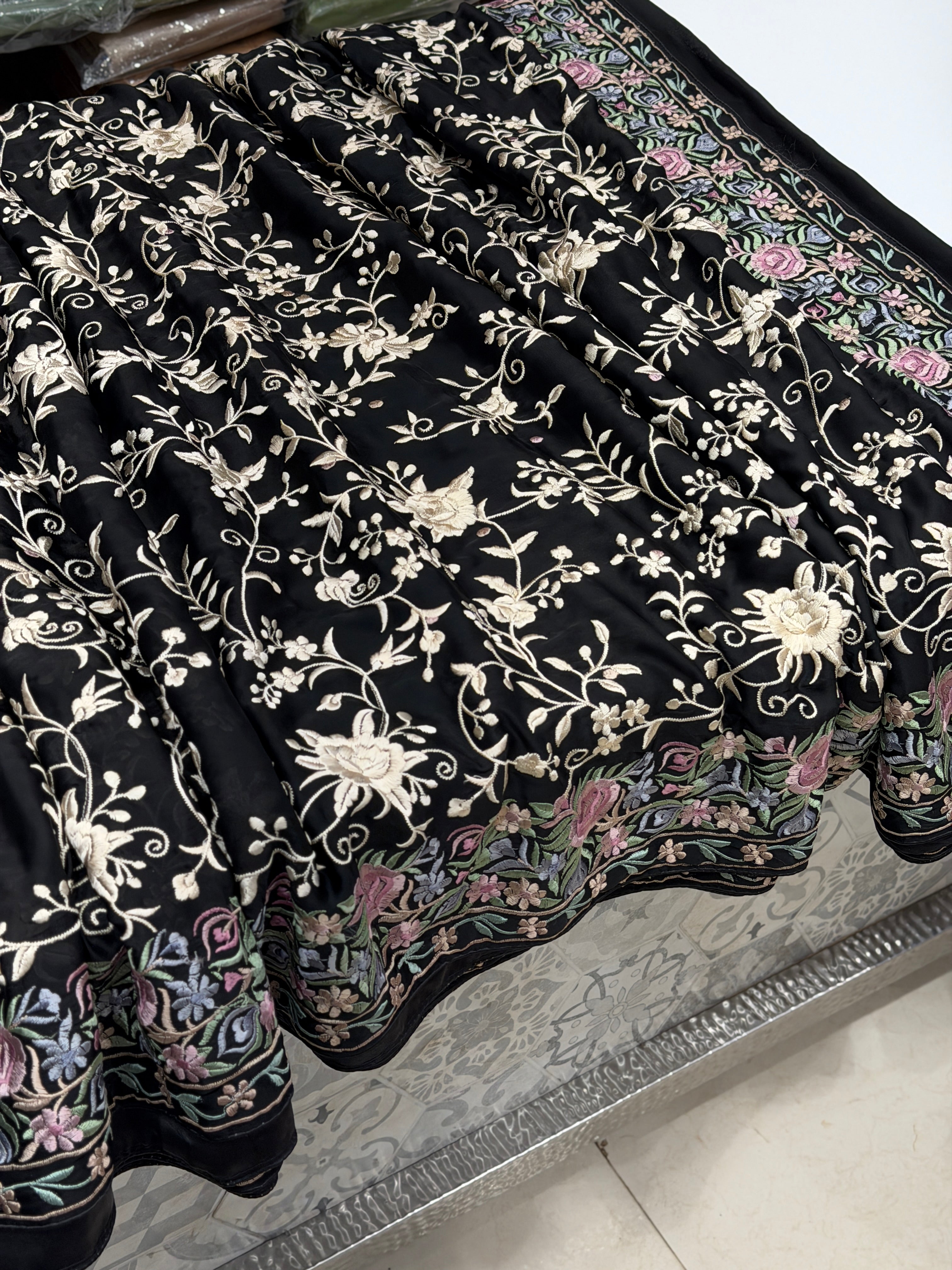 Black Crepe Floral Multi Resham Border Parsi Gara Saree