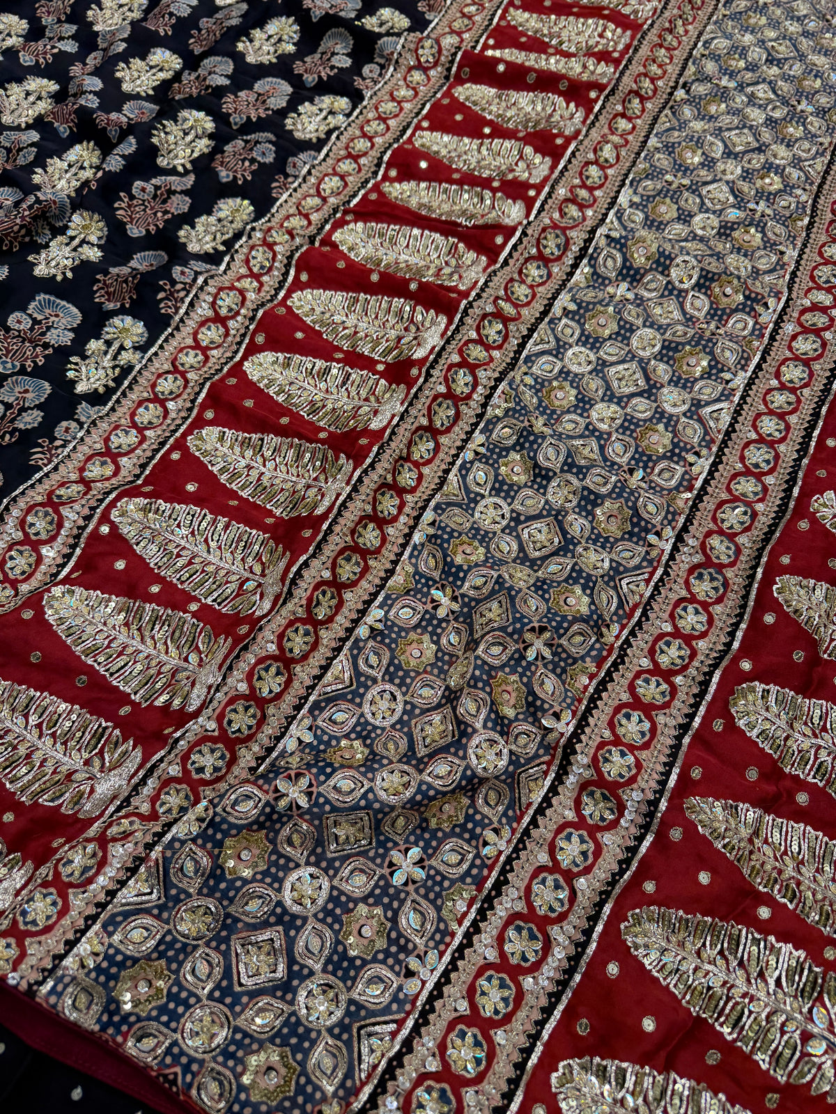 Black 3 Floral Butta Pita Zardosi Sequin Ajrakh Hand Embroidery Saree