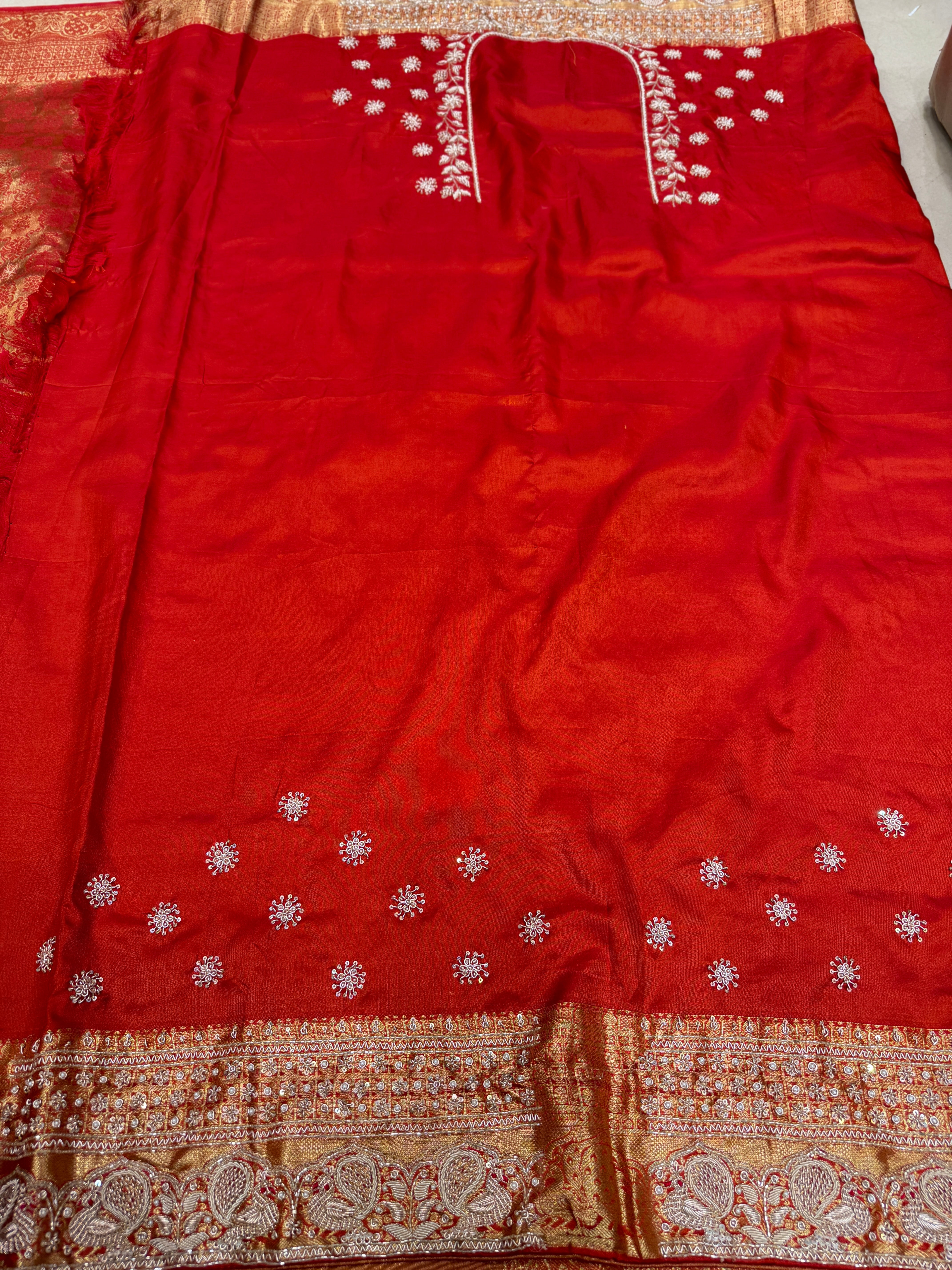 Rust Orange Kanjivaram Peacock Motif Hand Embroidery Zardosi Saree