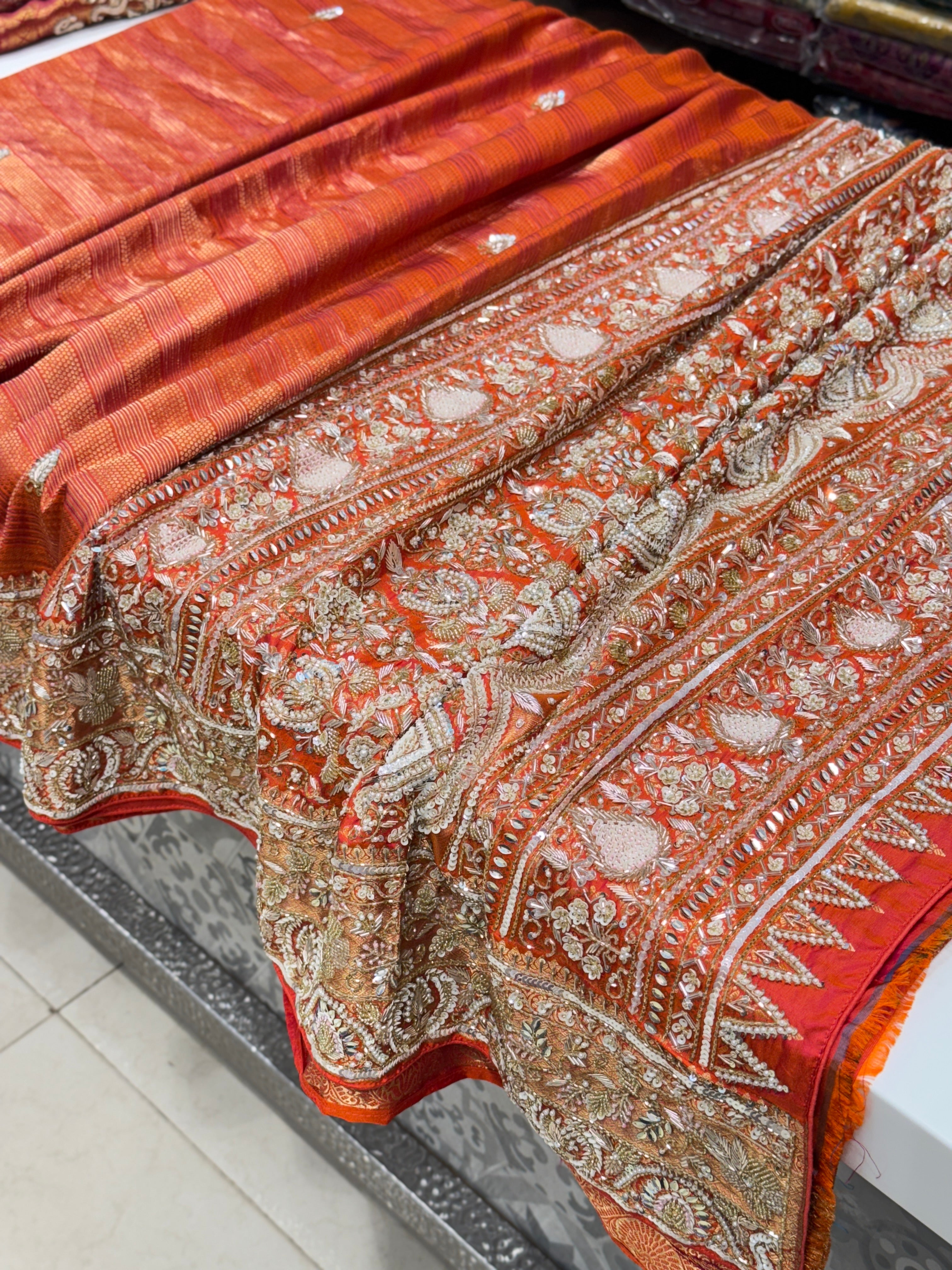 Orange Contemporary Pure Silk Kanjivaram Hand Embroidered Saree