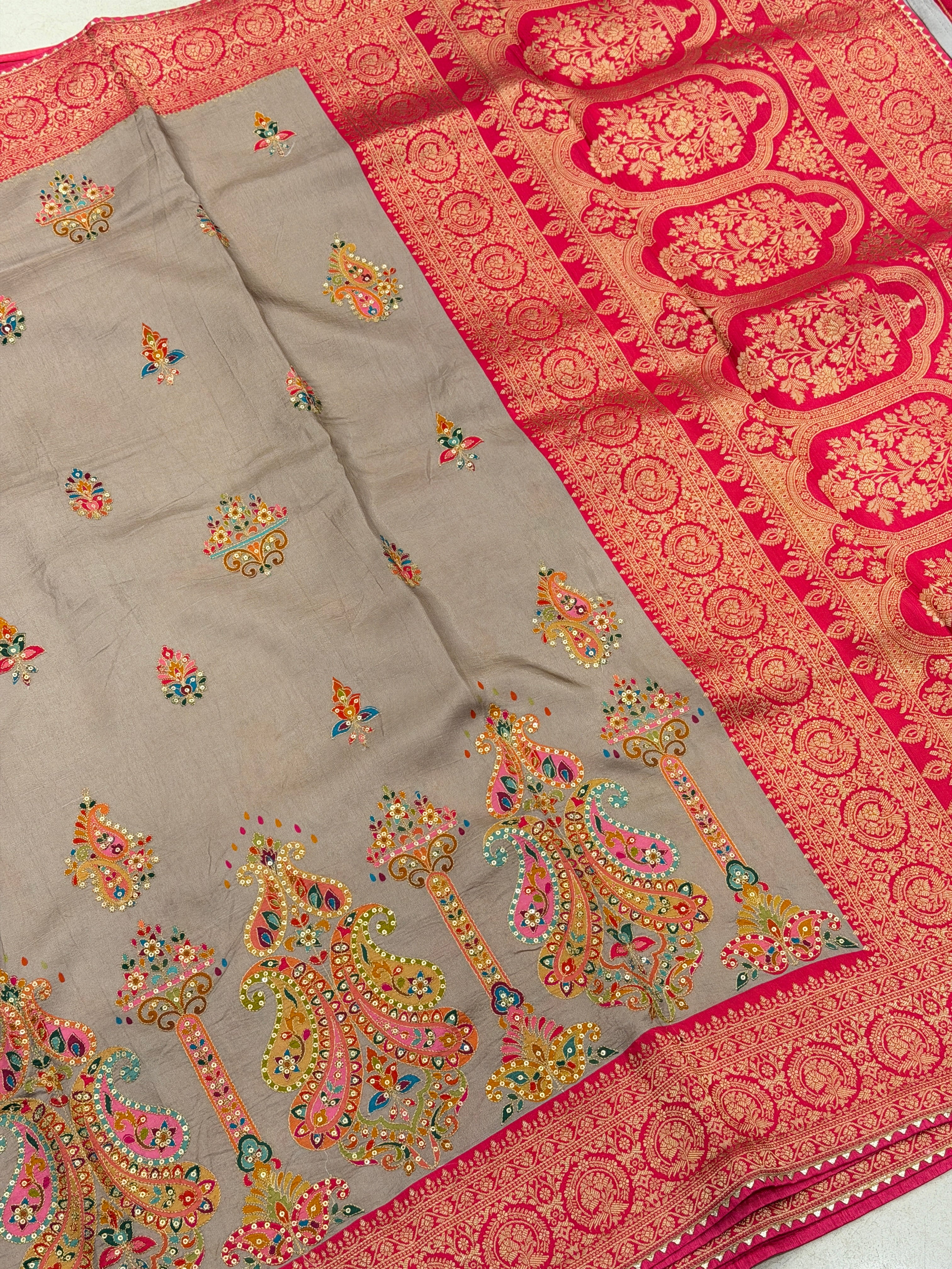 Grey Contemporary Banarasi Munga Pita Embroidery Saree