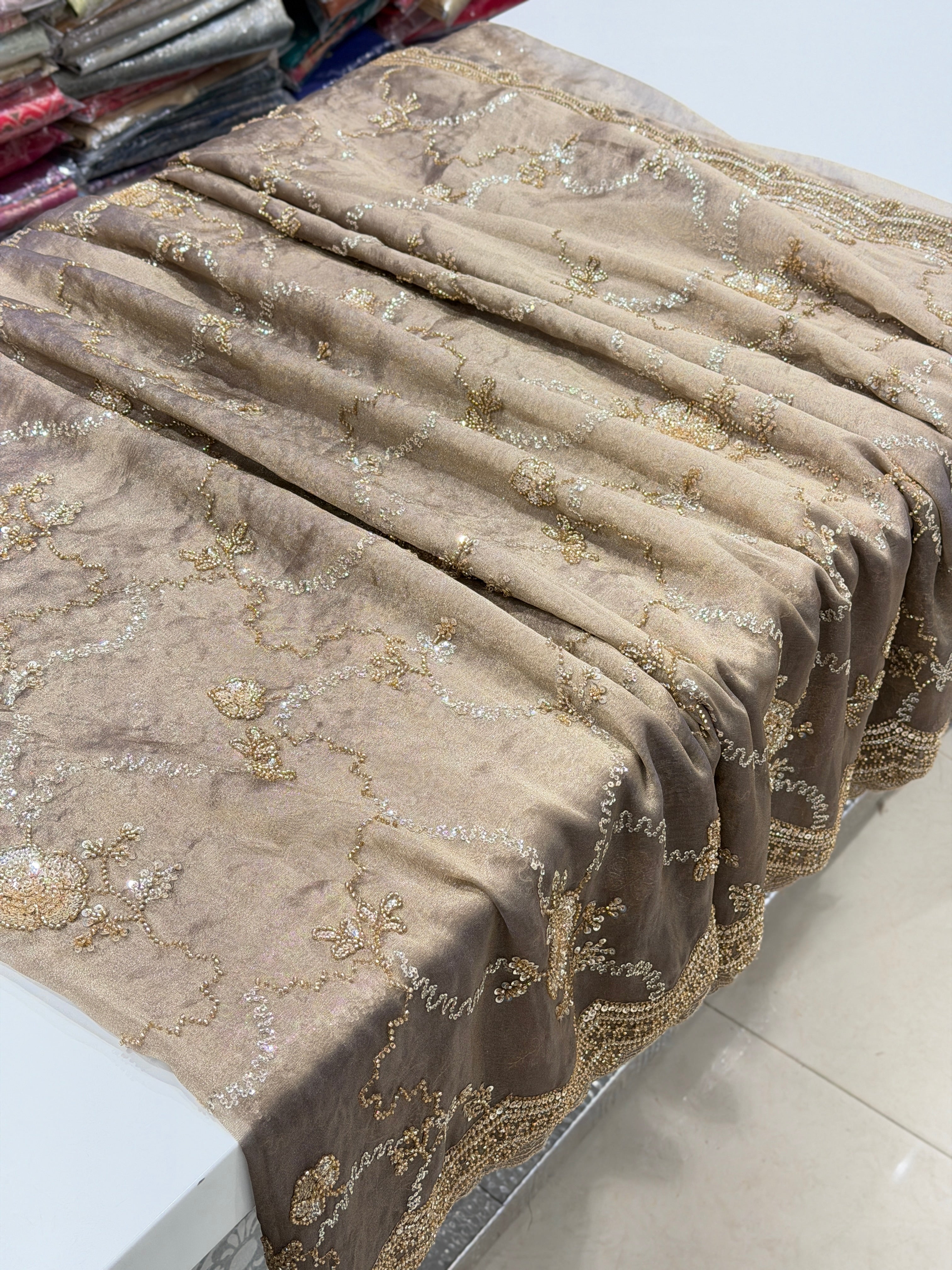 Dark Champagne Soft Tissue Moti Embroidery Jaal Saree