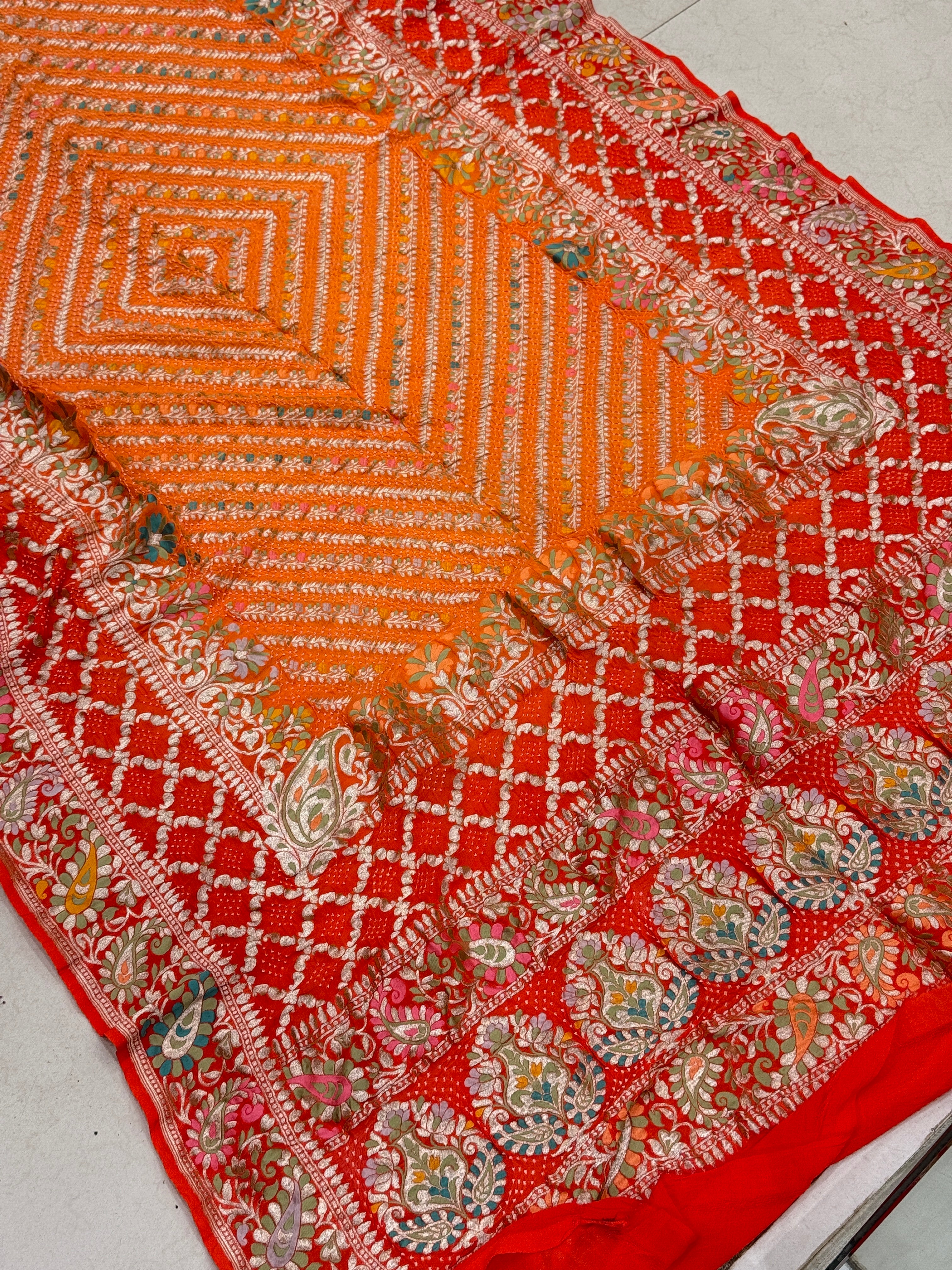 Shaded Orange Jaal Handloom Meenakari Rai Bandhej Pure Zari Dupatta