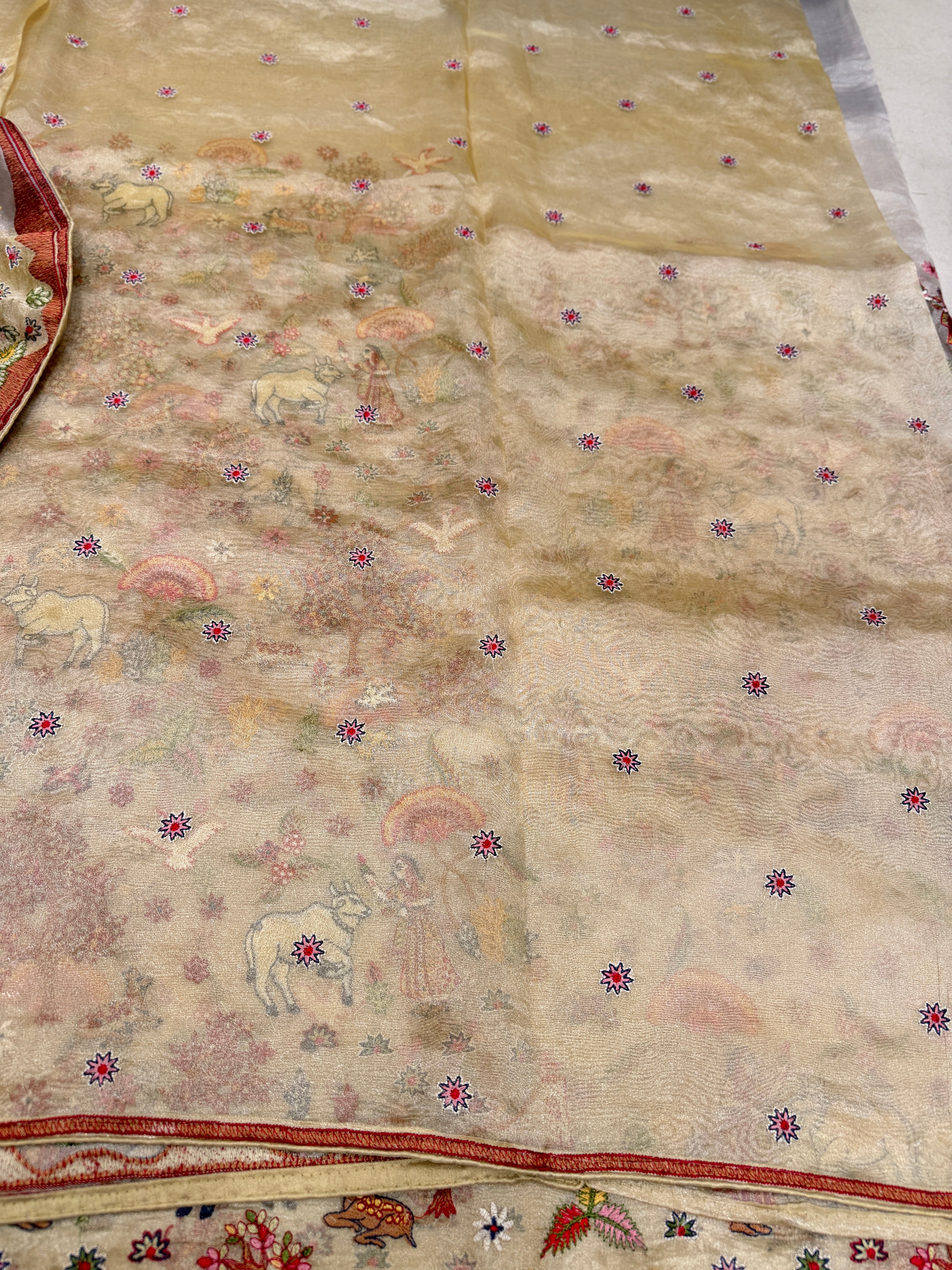 Nita Ambani Vantara Inspired Jamdani Style Embroidery Tissue Silk Saree