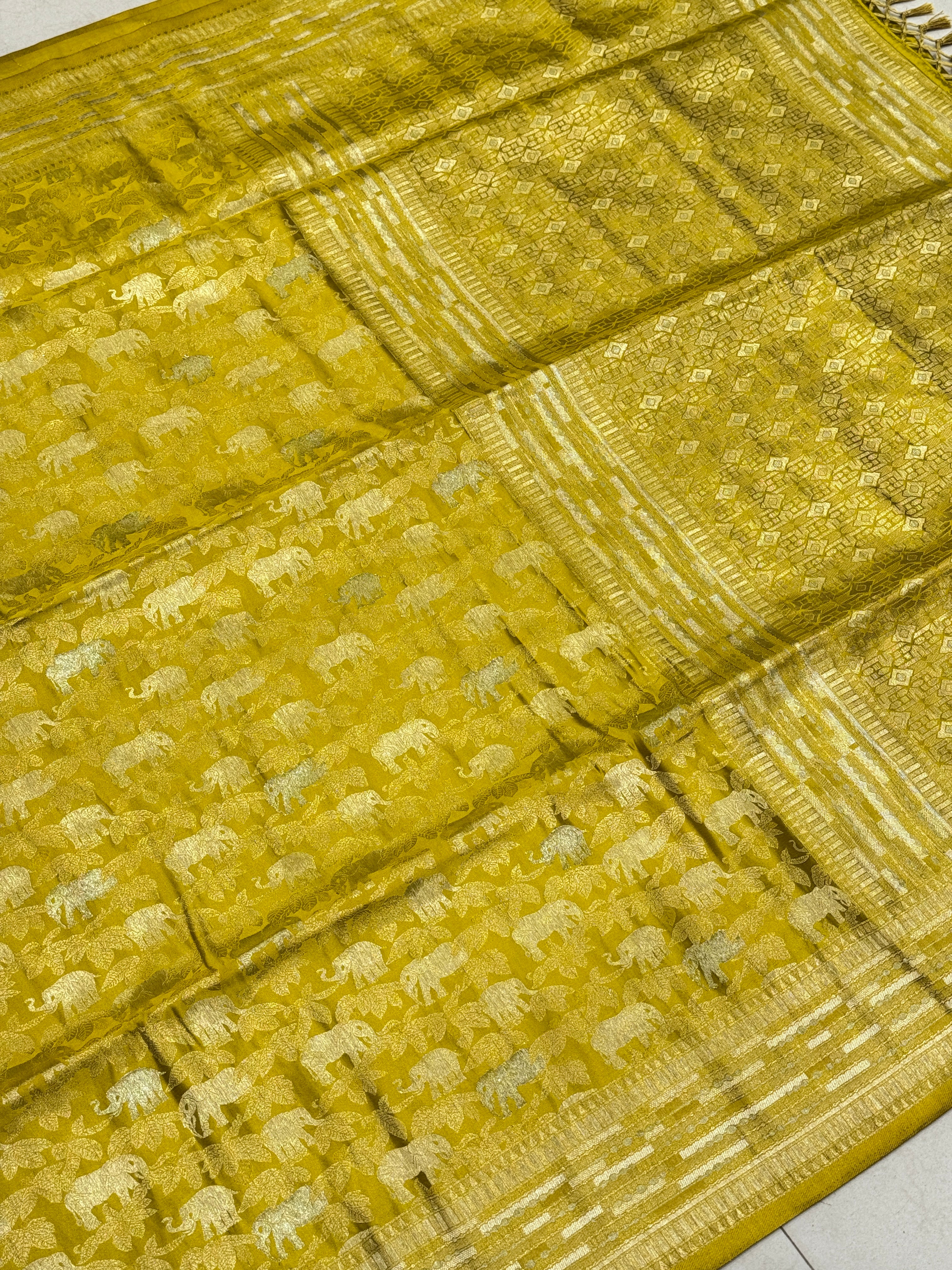 Mehendi Green Banarasi Soft Silk Semi Elephant Motif Saree