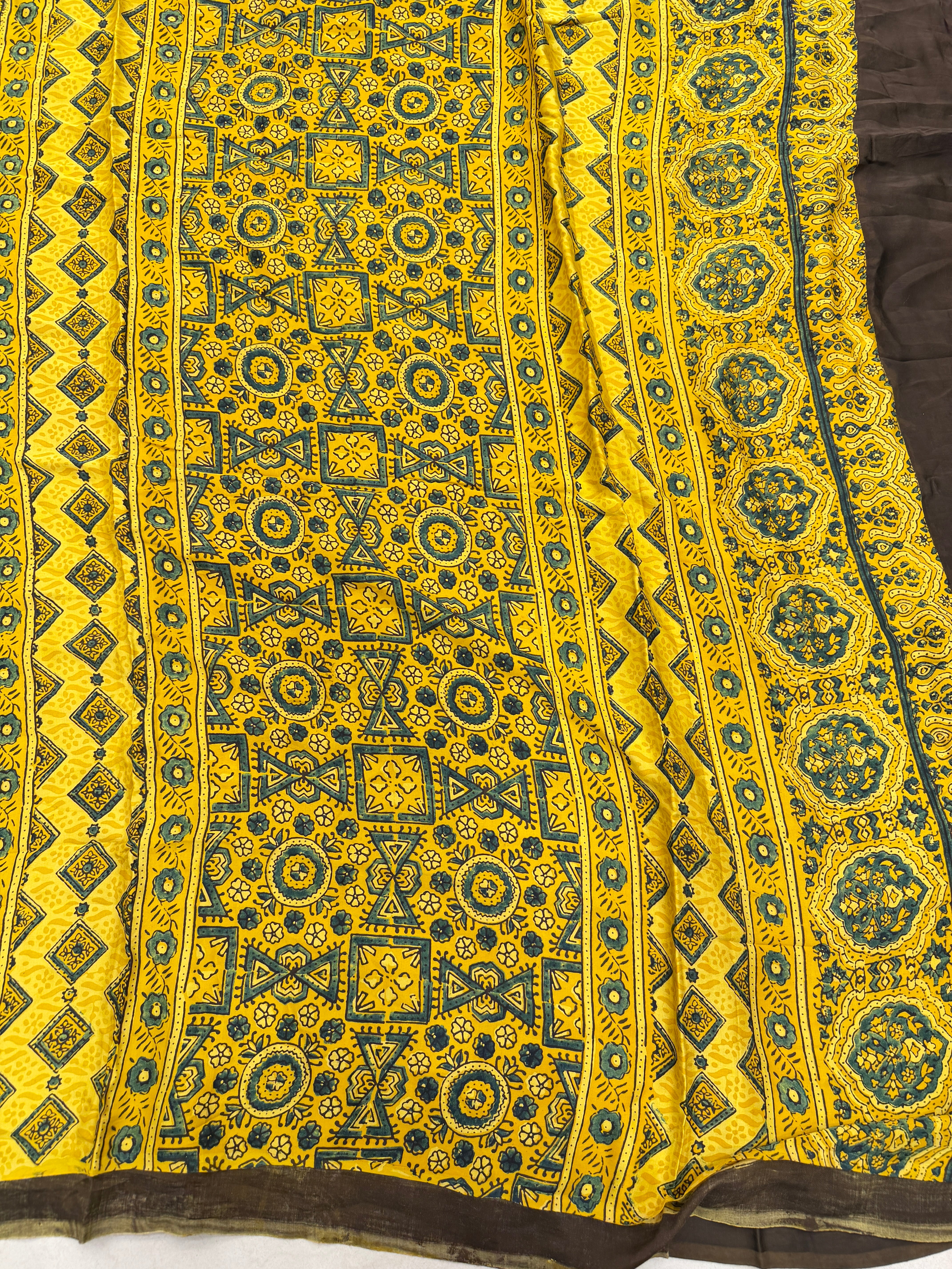 Yellow Floral Butta Ajrakh Hand Block Print Pure Gajji Silk Saree
