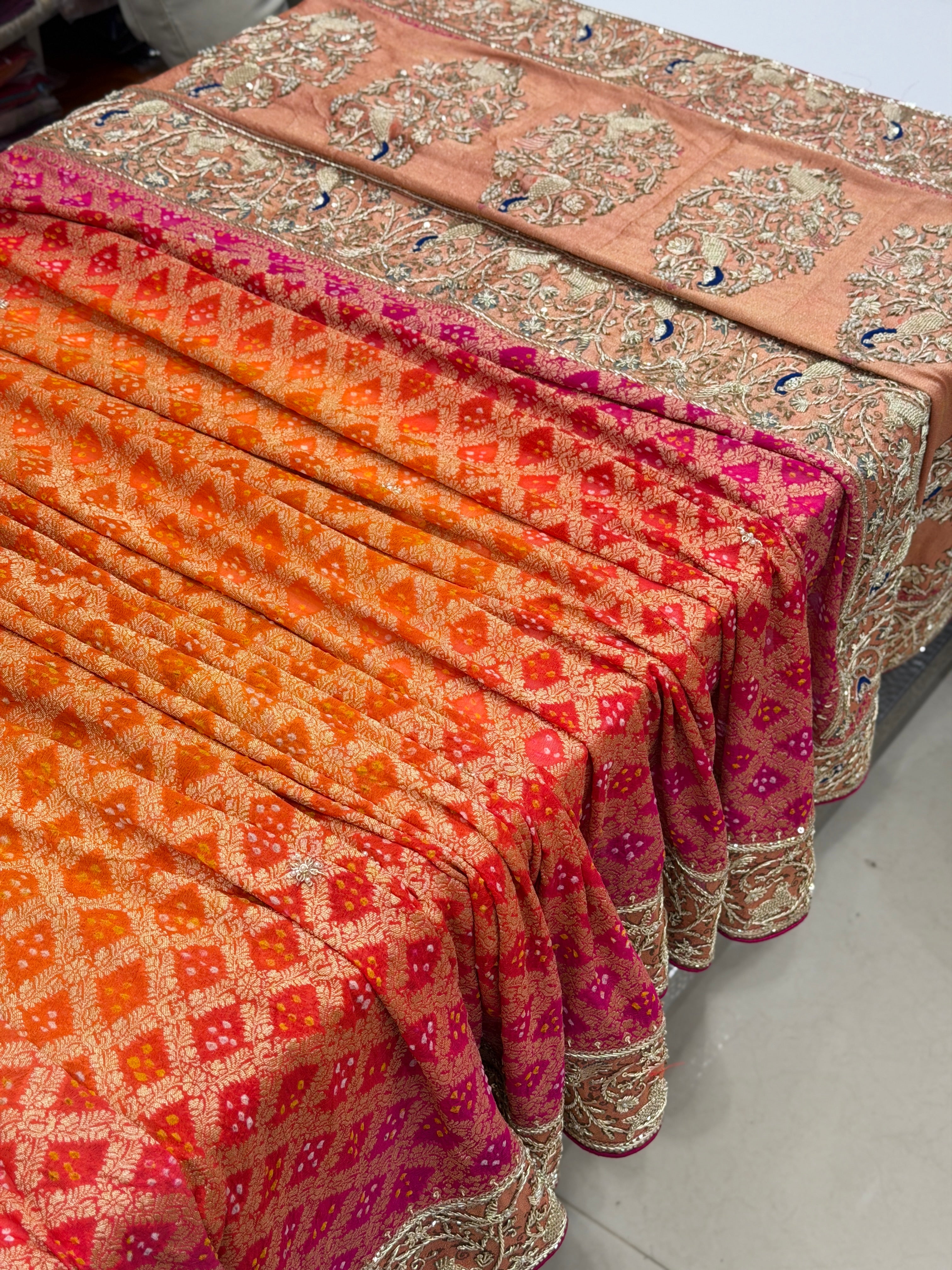 Orange Rani Shaded Meenakari Peacock Zardosi Hand Embroidery Saree