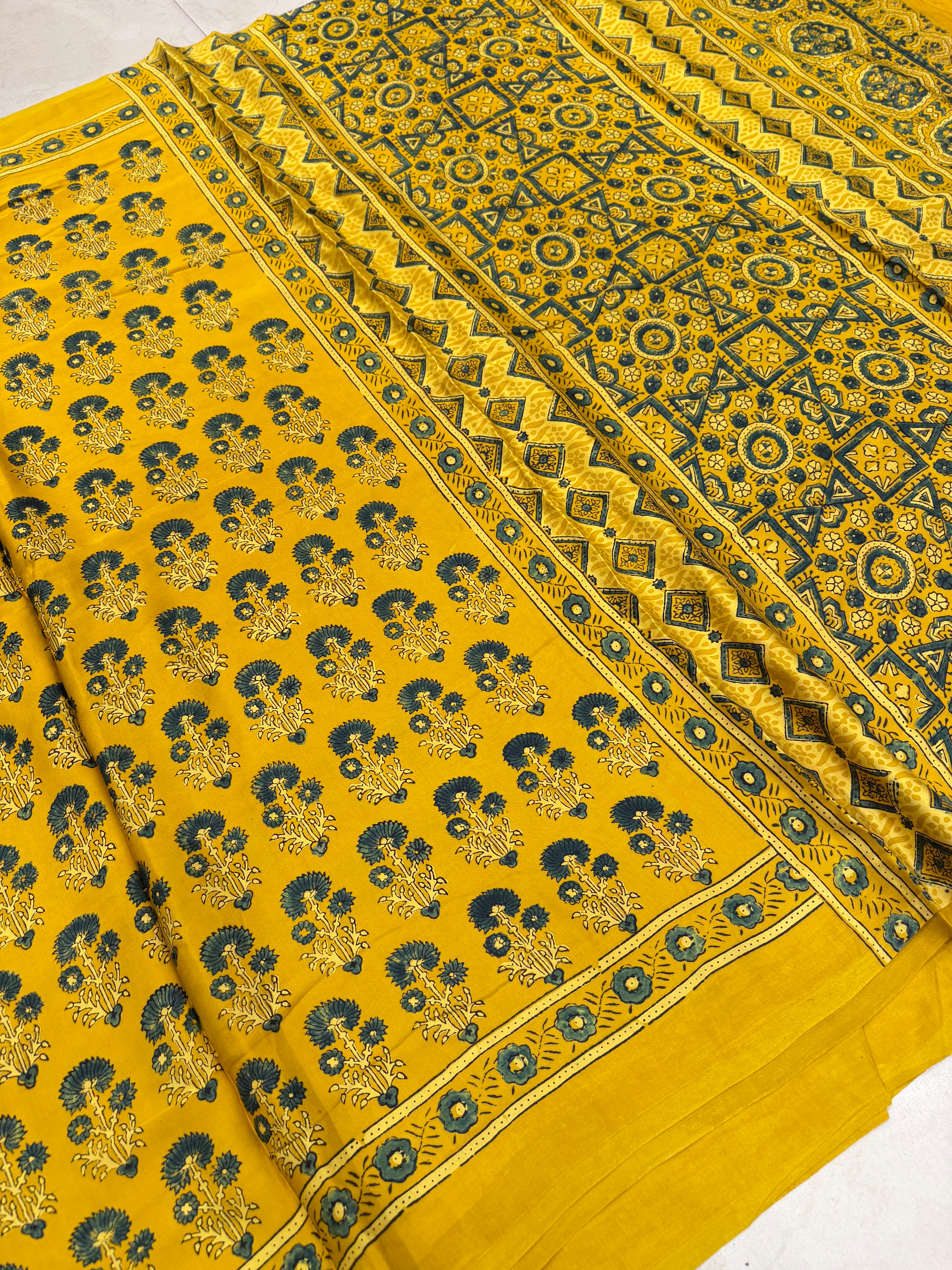 Yellow Floral Buttas Ajrakh Block Print Hand Pure Gajji Silk Saree