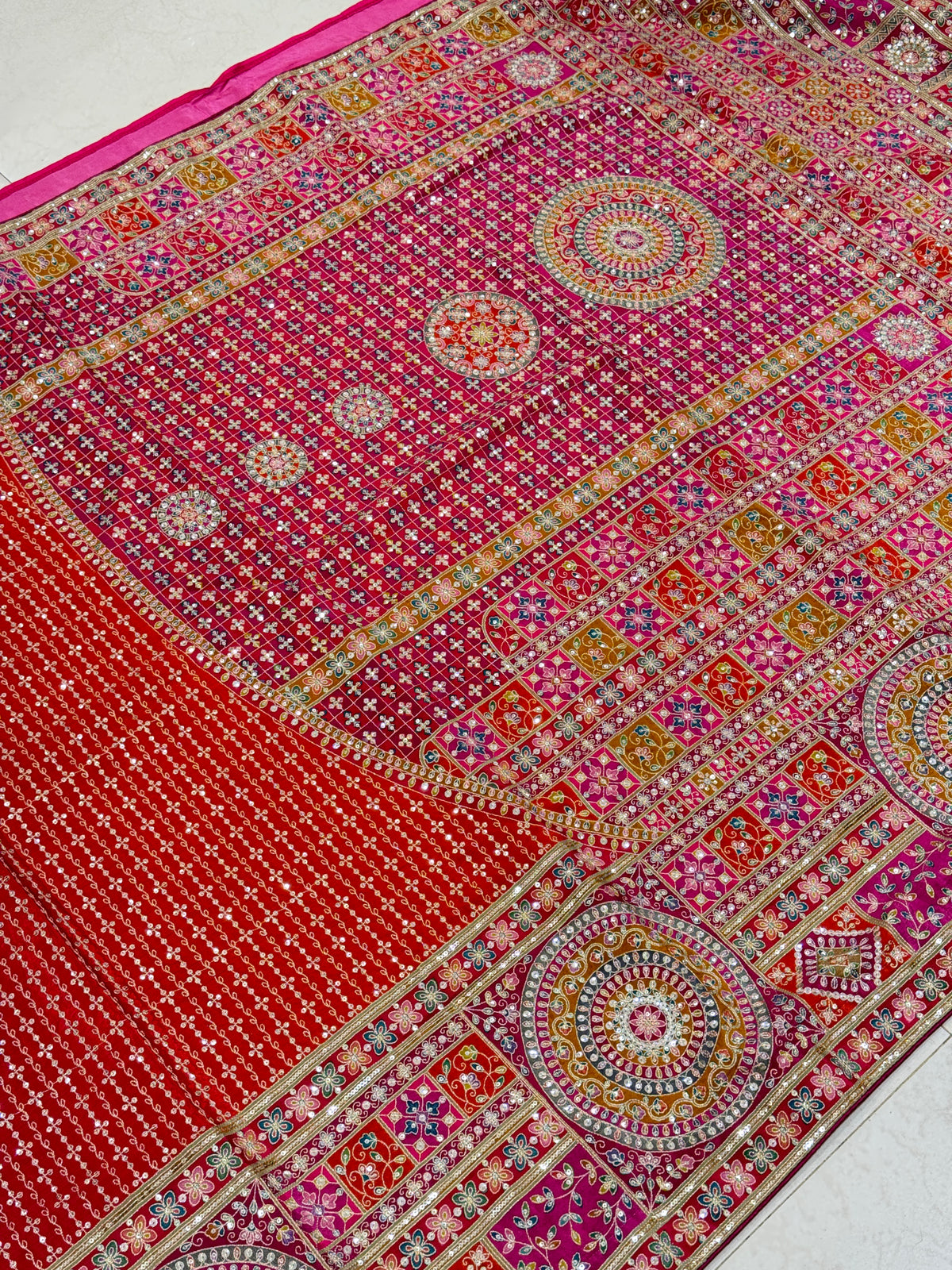 Rani Shaded Meenakari Crepe Banarasi Pita Embroidery Saree