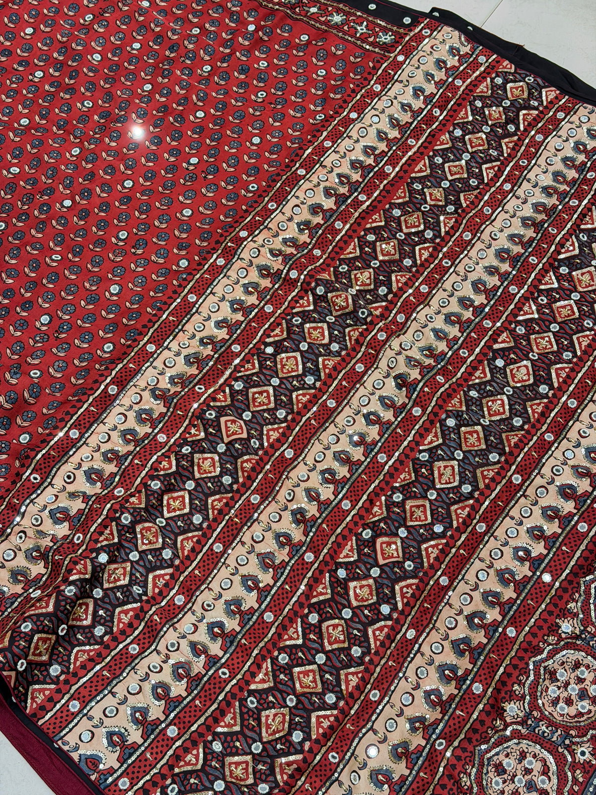 Red Jaal Ajrakh Real Mirror Moti Sequin Hand Embroidery Saree