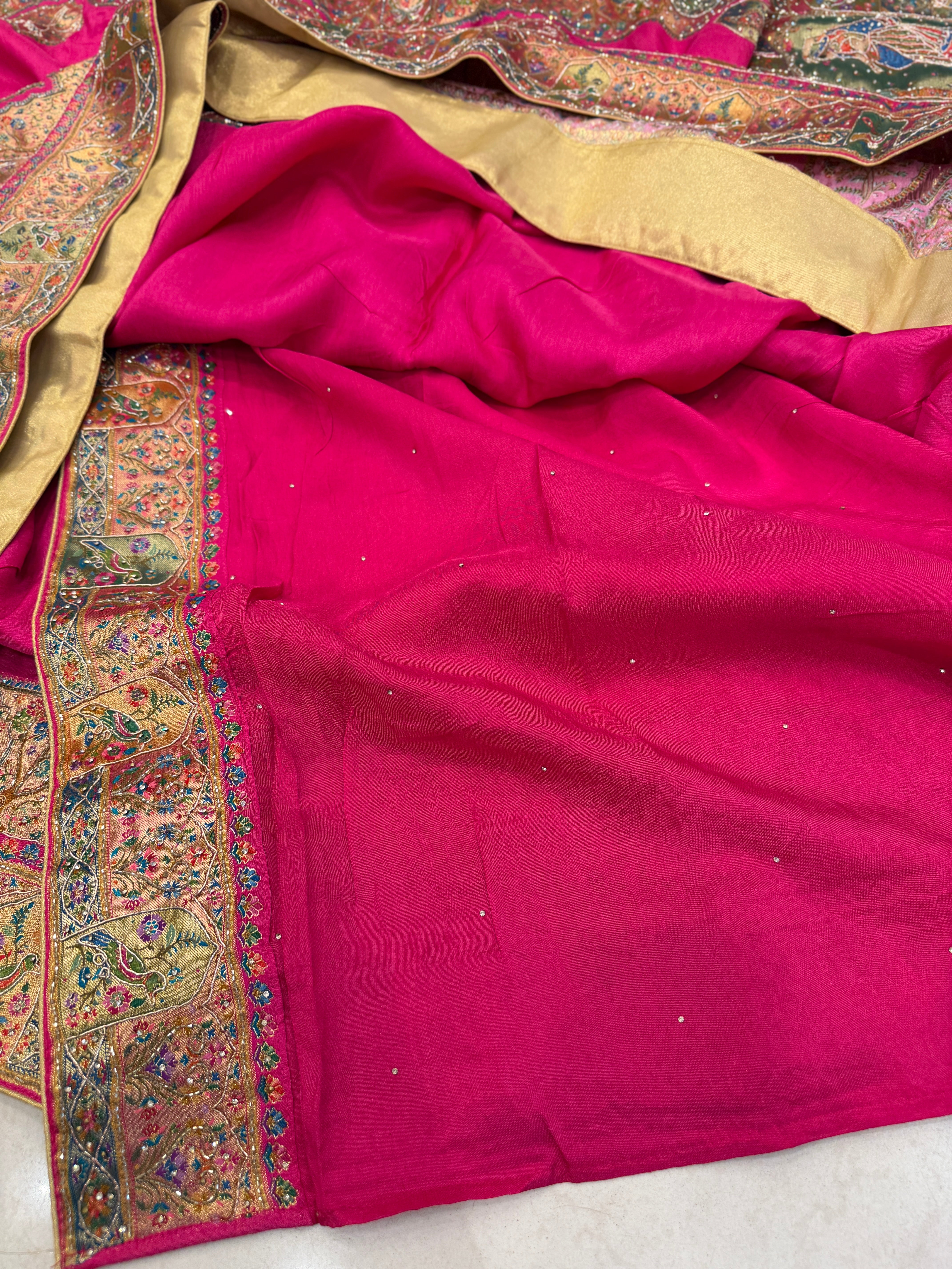Rani Pashmina Plain Body Hand Embroidery Zardosi Border Saree