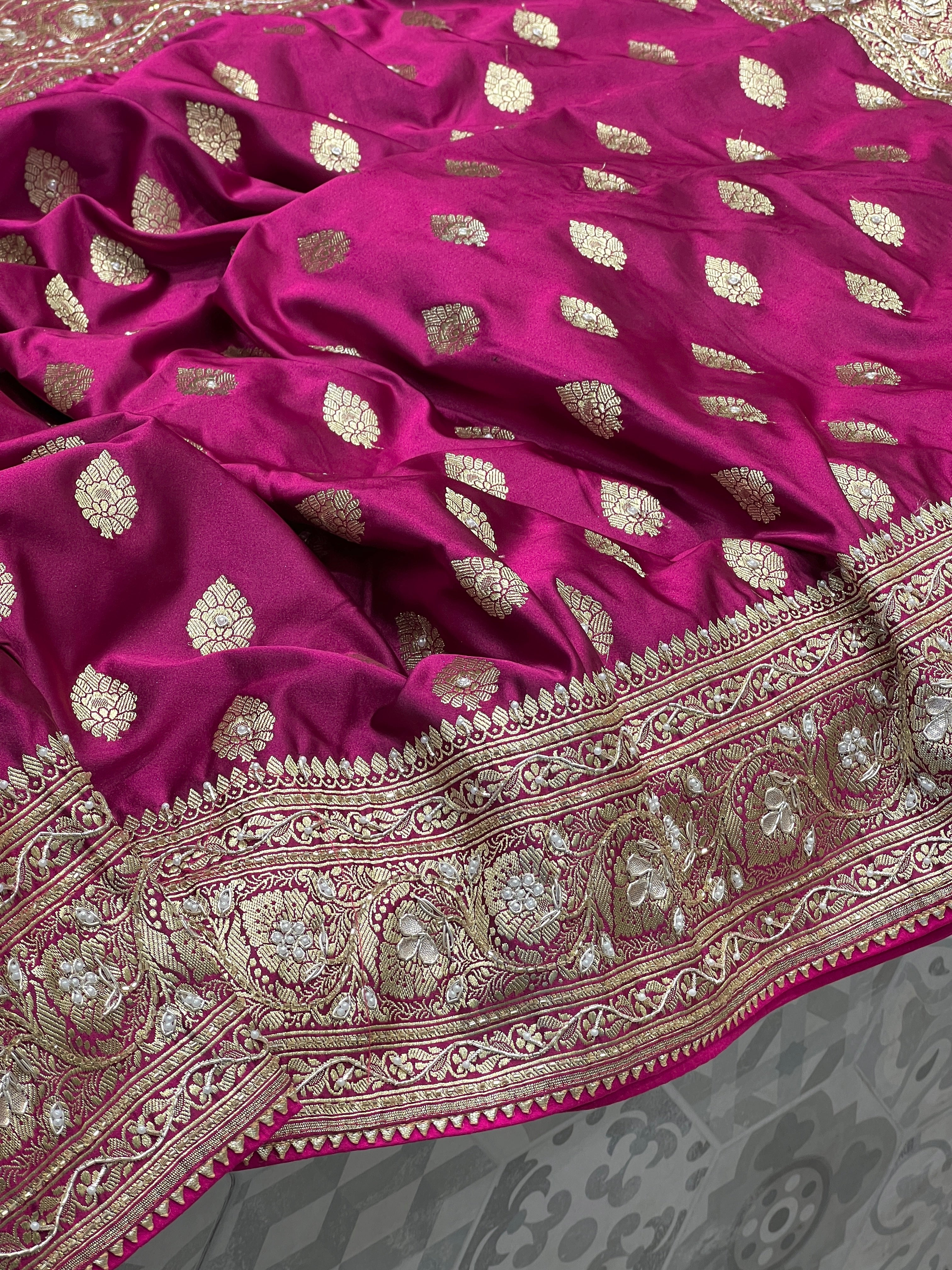 Wine Banarasi Silk Butti Hand Embroidery Saree