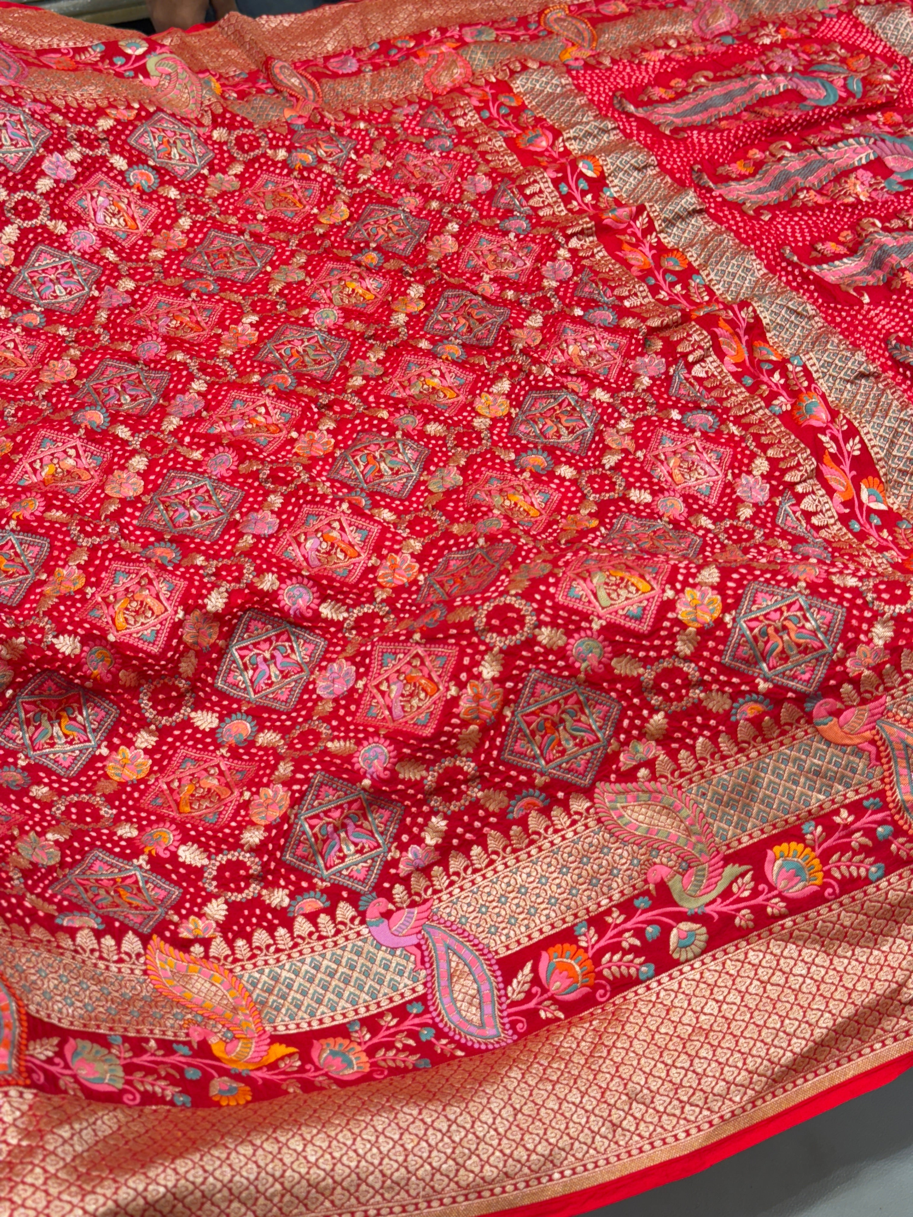 Red Meenakari Handmade Bandhej Saree