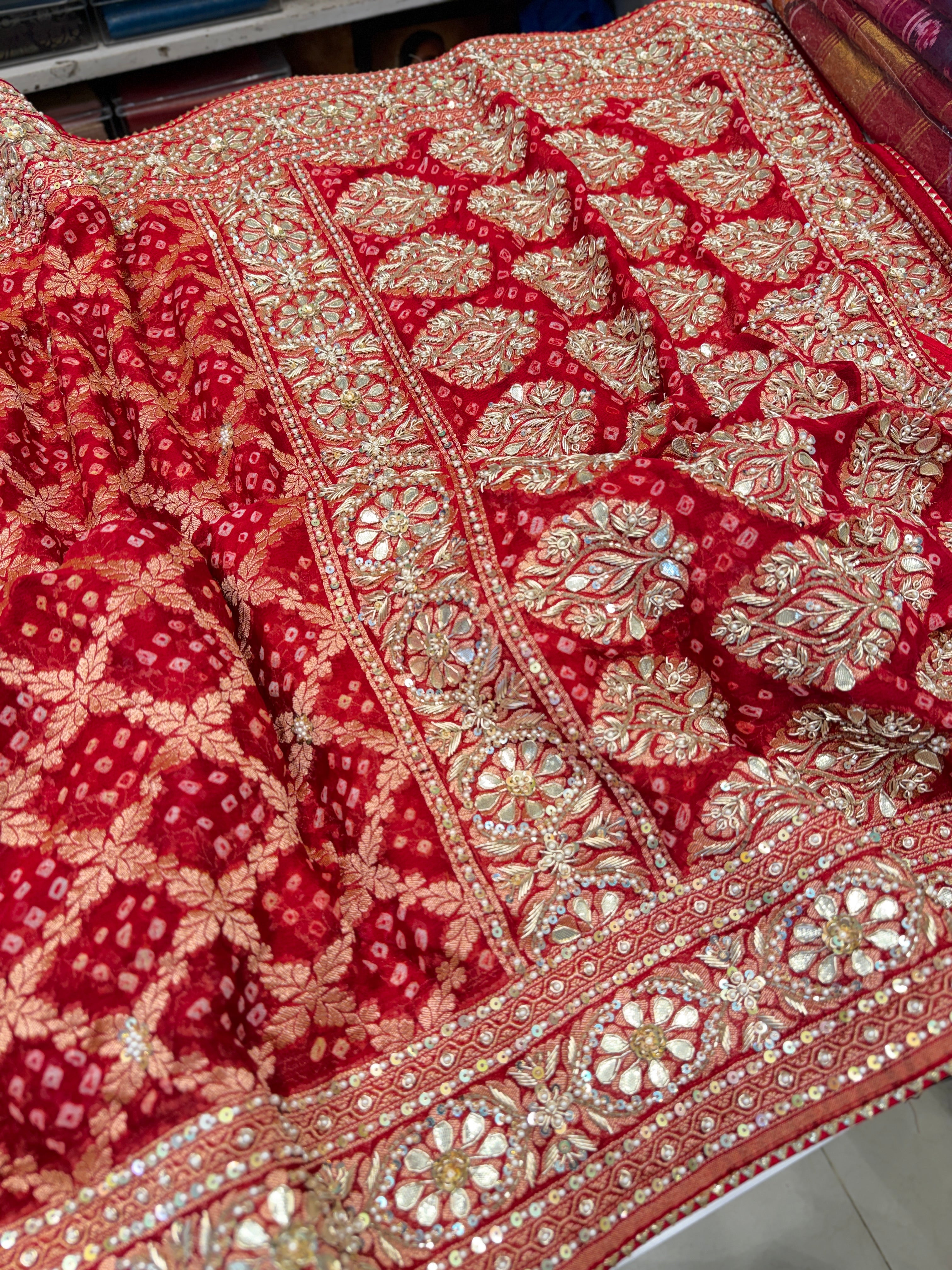 Red Bandhej Zardosi Pita Hand Embroidery Saree
