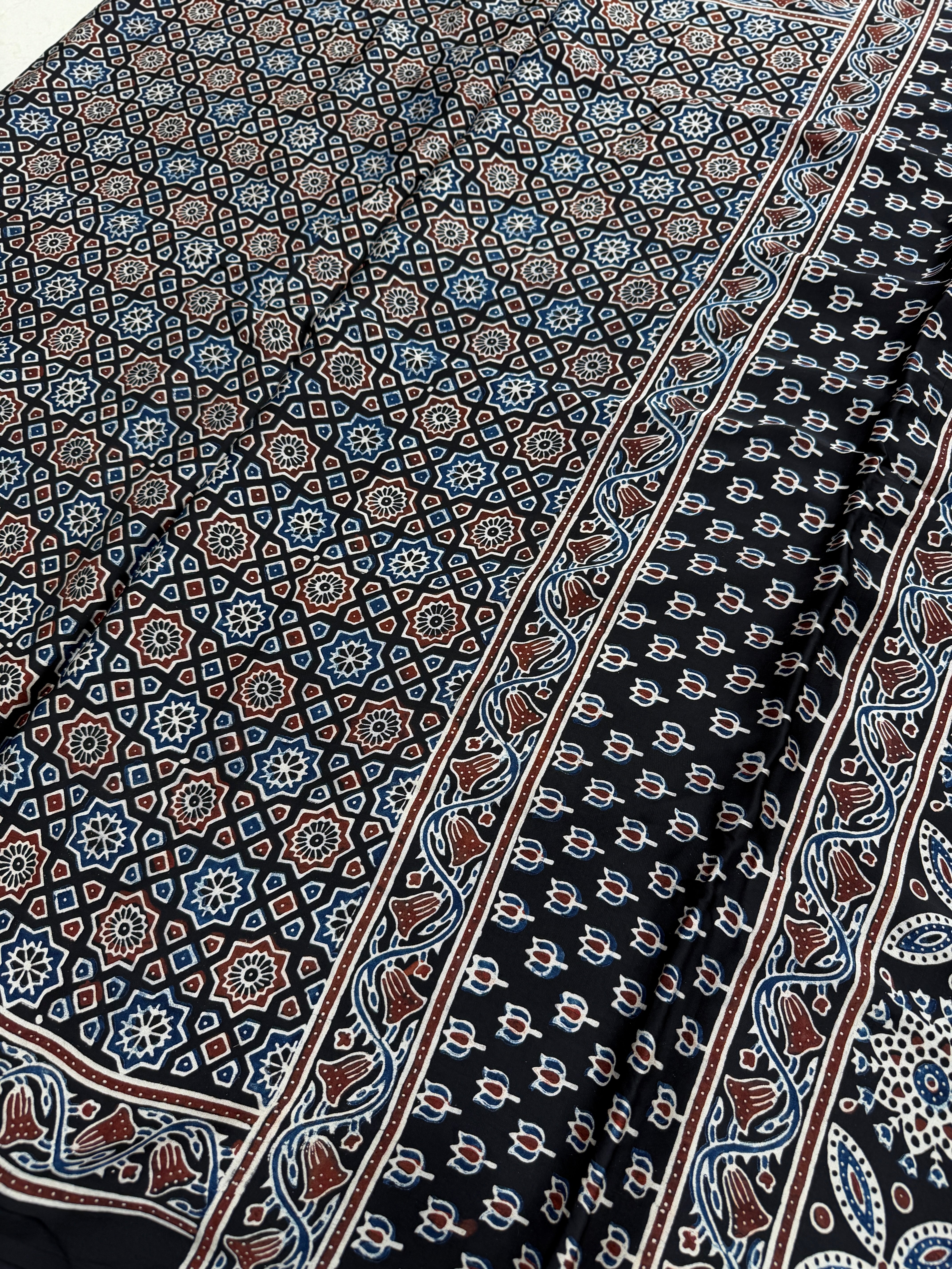 Black Jaal Ajrakh Hand Block Print Pure Gajji Silk Saree