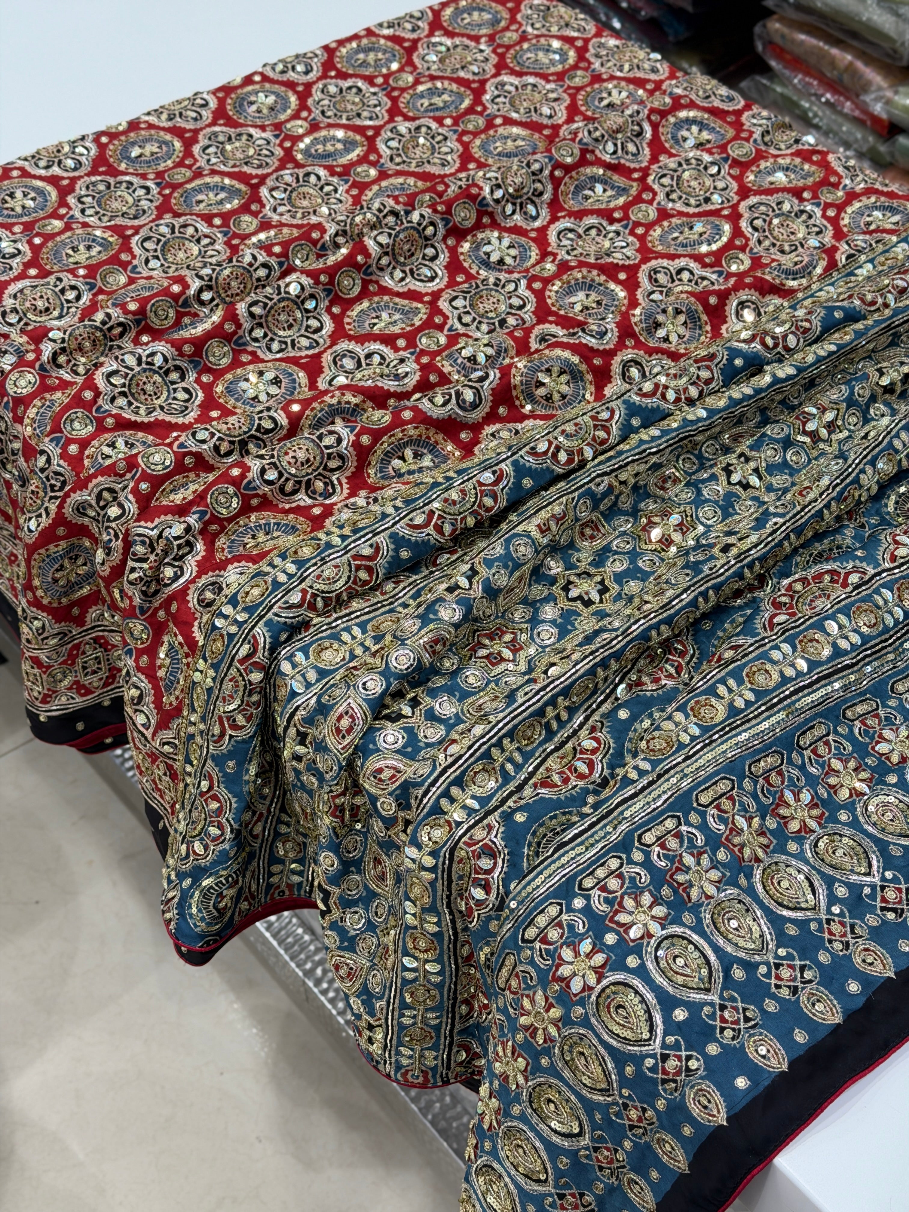 Red Blue Jaal Pita Sequin Ajrakh Hand Embroidery Saree