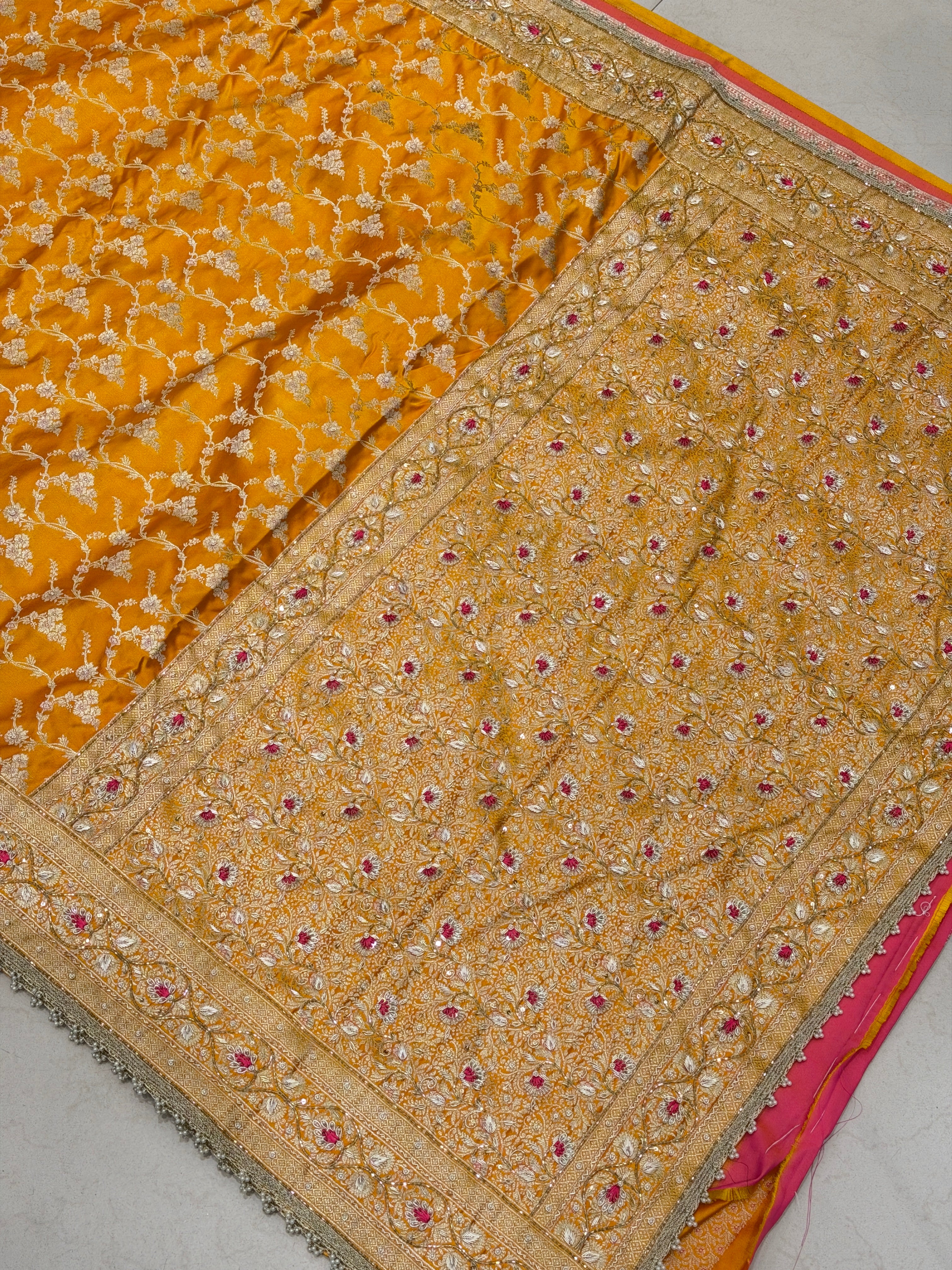 Mango Yellow Banarasi Jasmine Jaal Contrast Resham Embroidery Saree