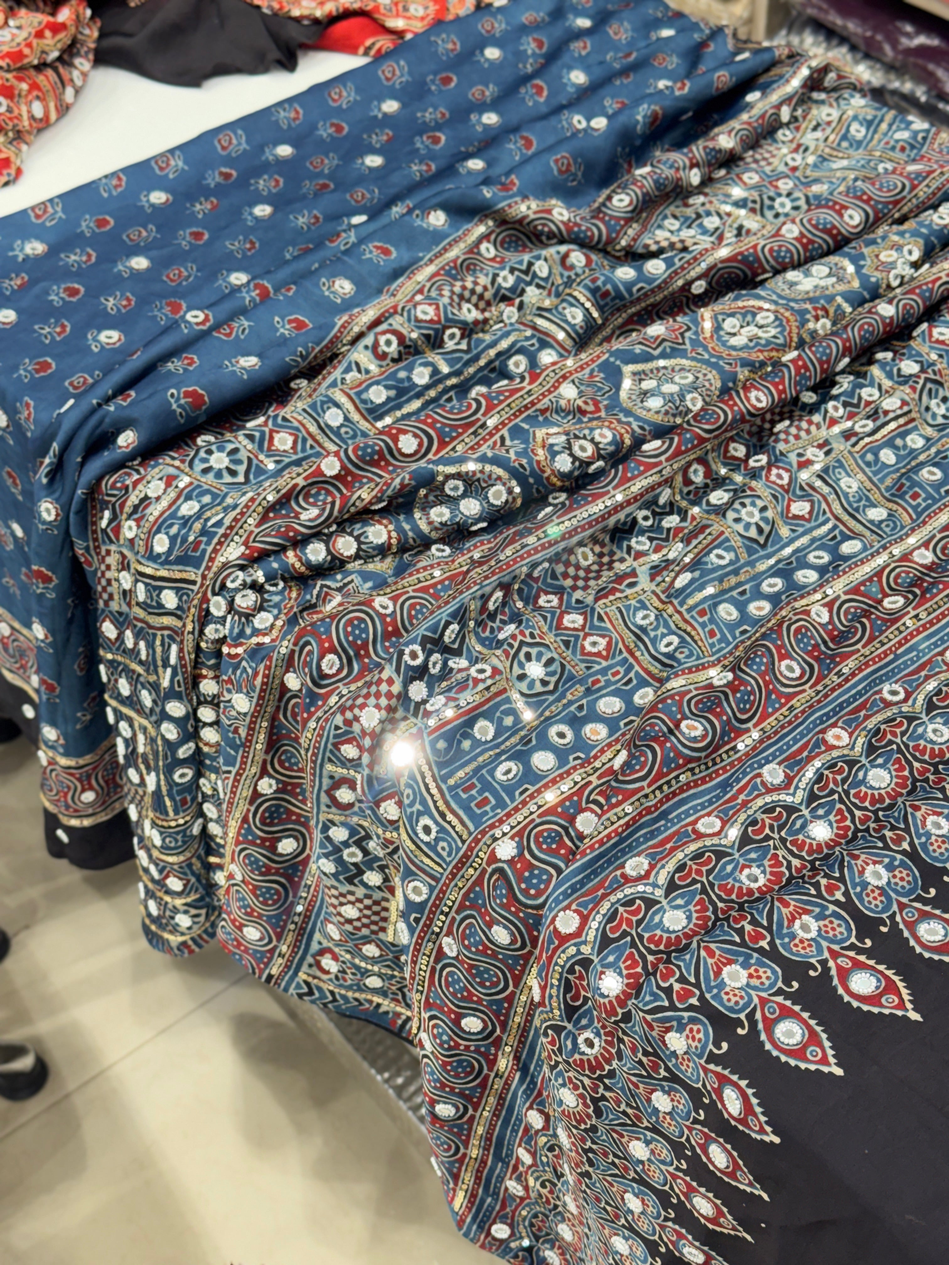 Blue Ajrakh Buttis Sequin Mirror Moti Hand Embroidery Saree