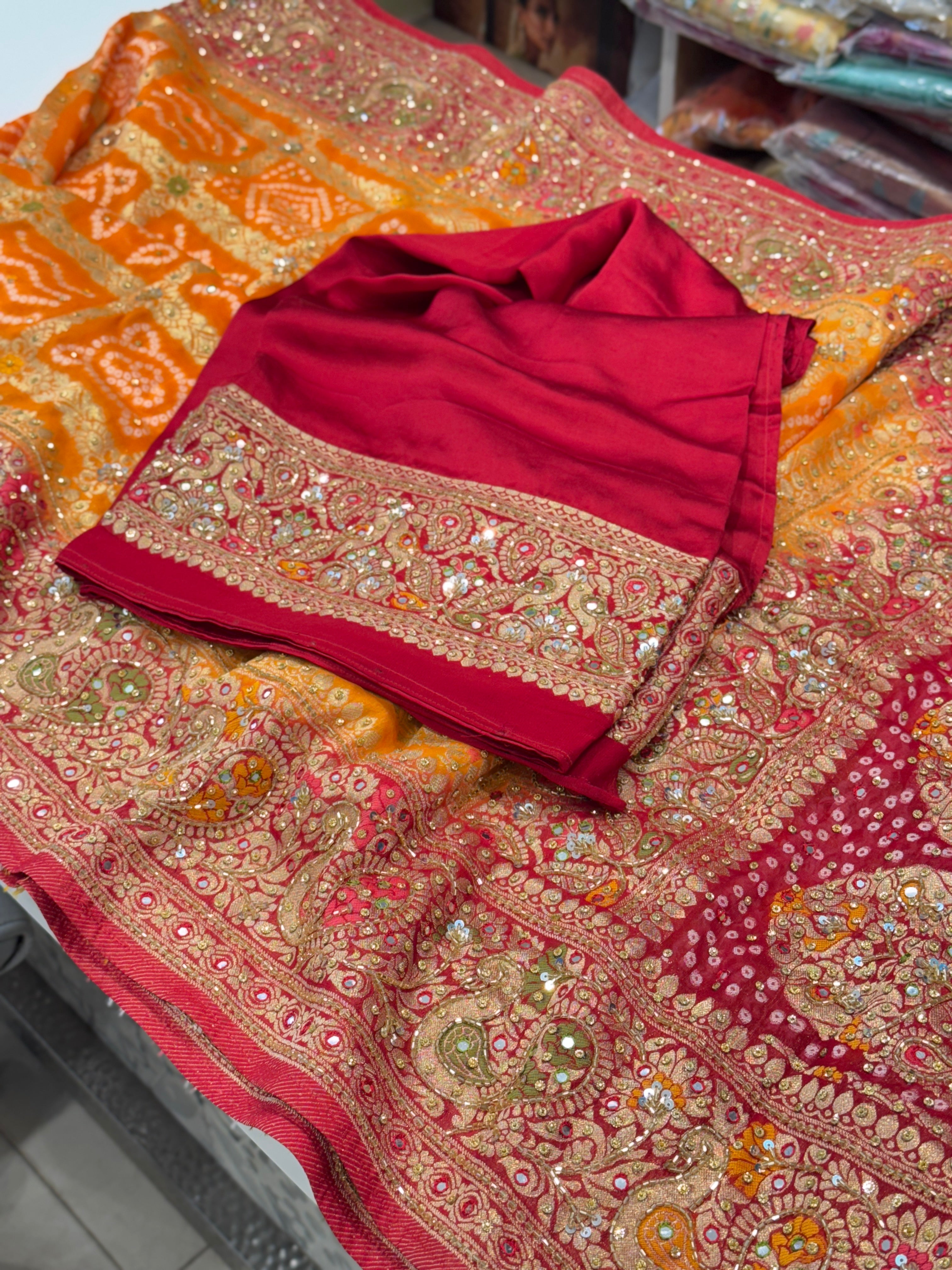 Orange Red Gharchola Embroidery Saree