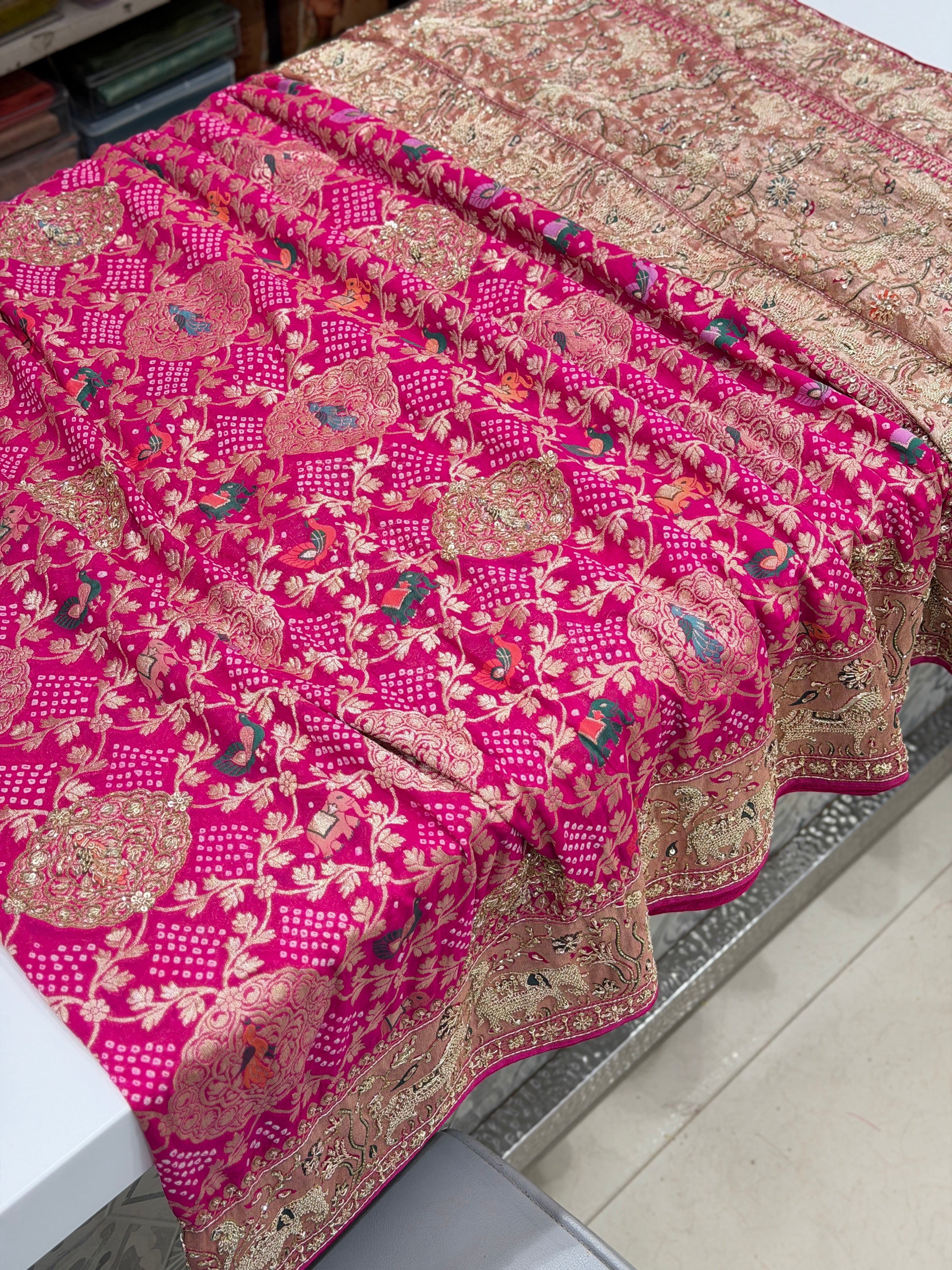 Rani Meenakari Rai Bandhej Saree Elephant Motif  Zardosi Hand Embroidery