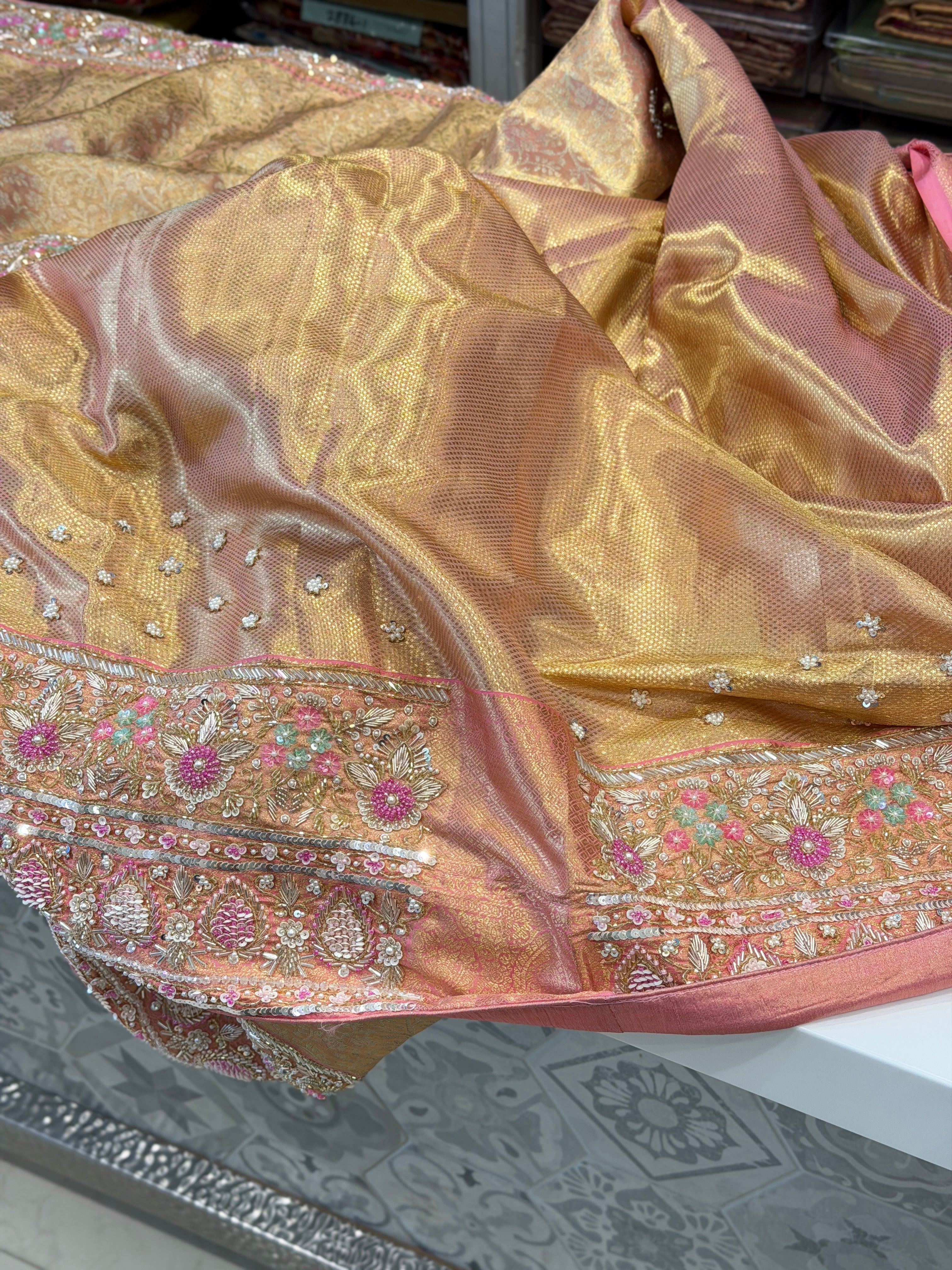 Golden Kanjivaram Moti Zardosi Hand Embroidery Saree