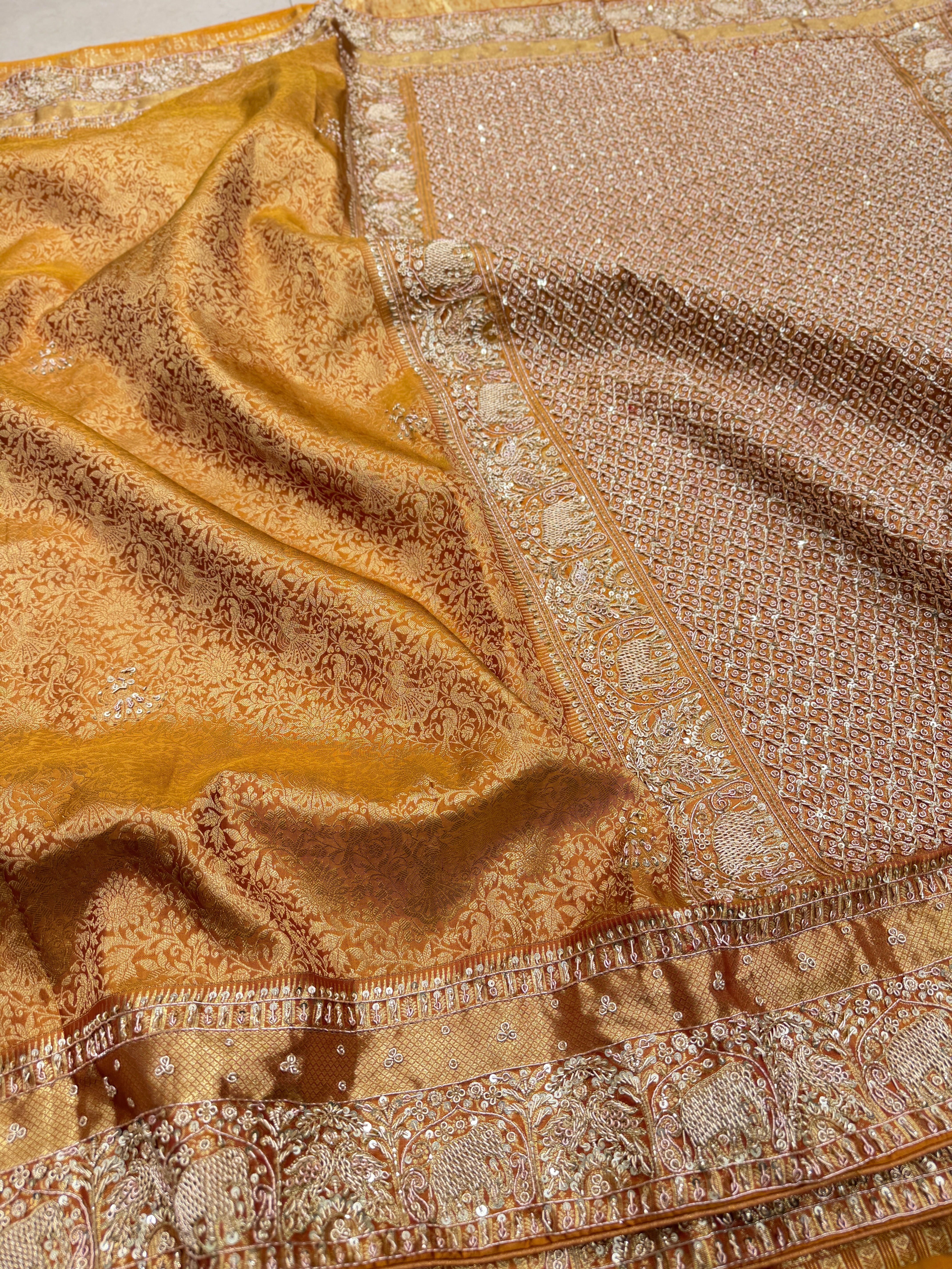 Mustard Yellow Kanjivaram Elephant Motif Hand Embroidery Zardosi Saree