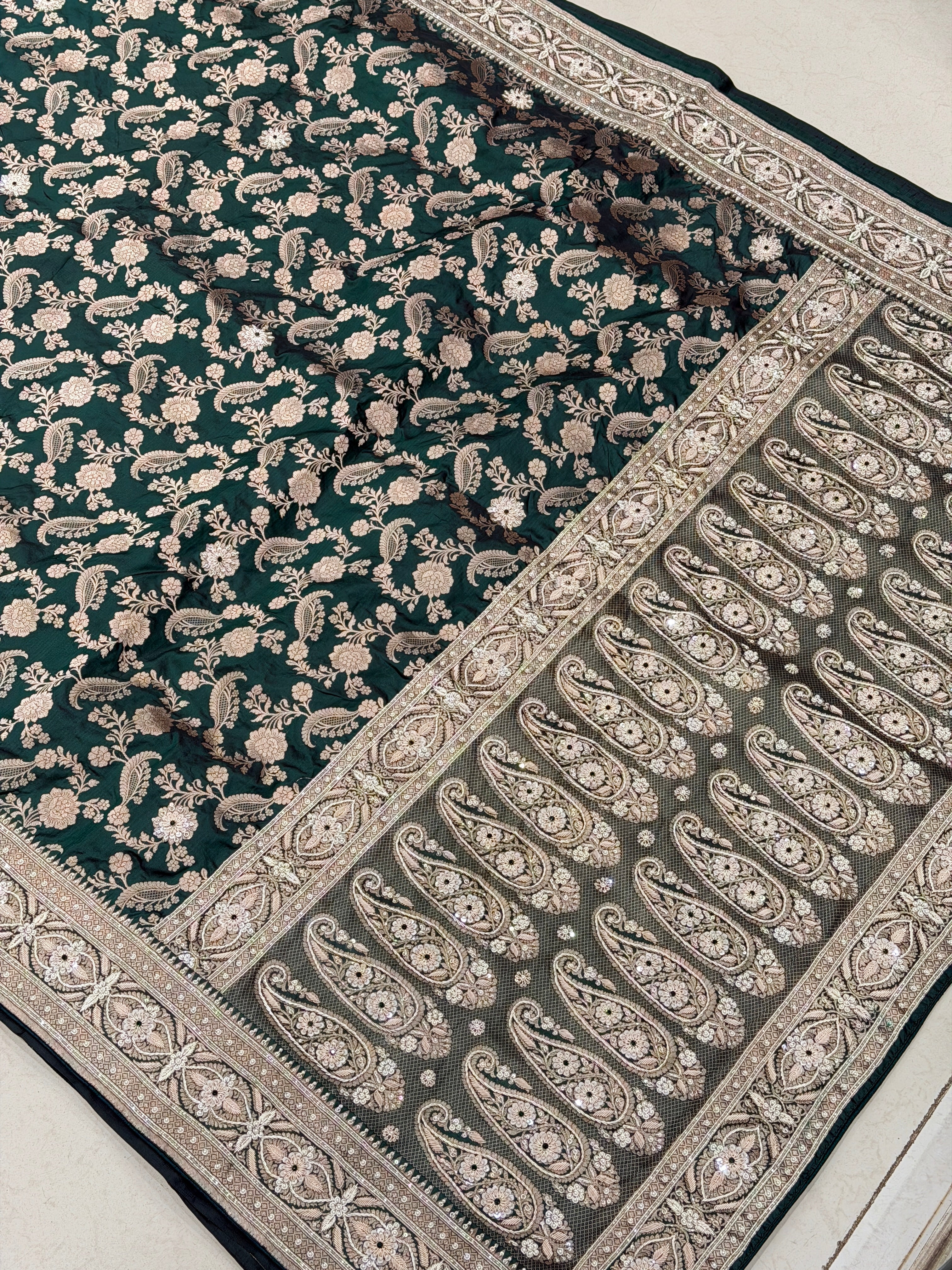 Bottle Green Jaal Handloom Banarasi Pure Katan Zardosi Embroidery Saree