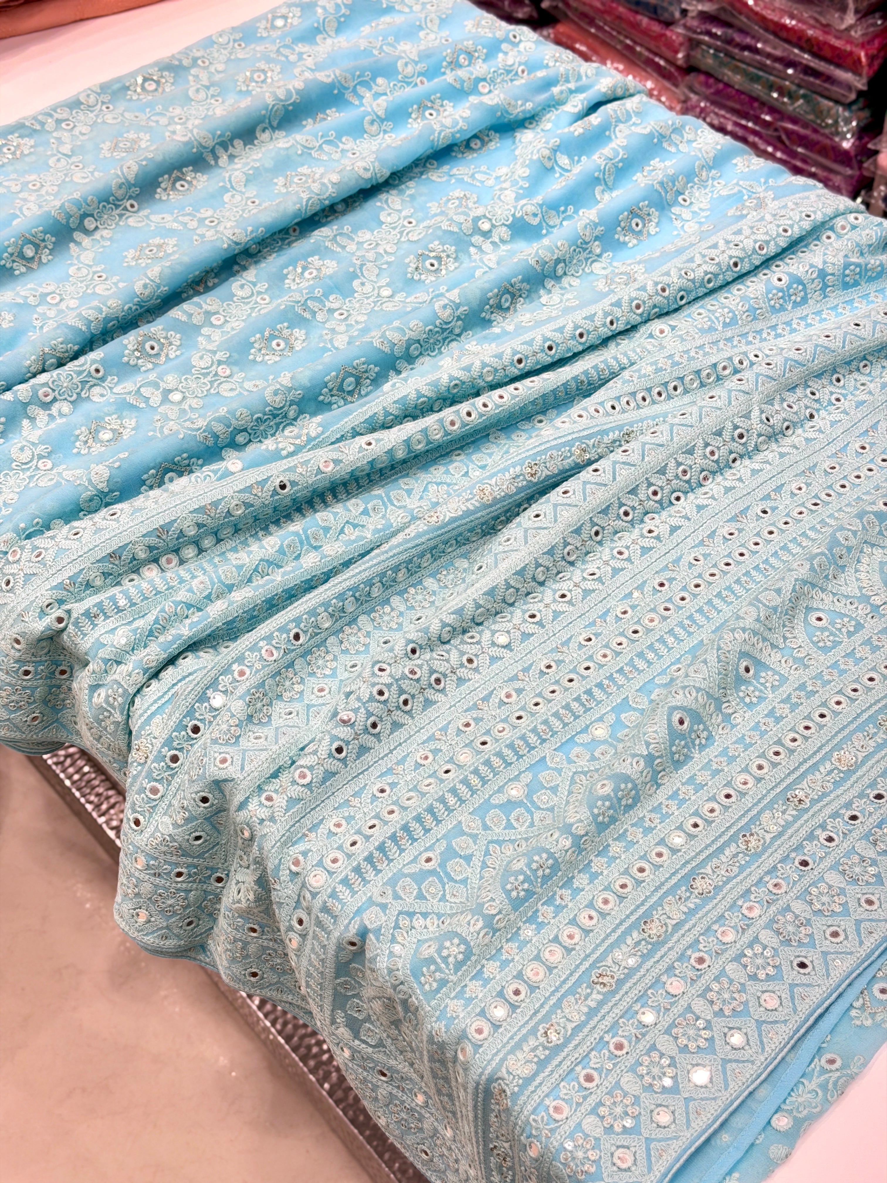 Light Blue Chikankari Jaal Georgette Resham Embroidery Saree