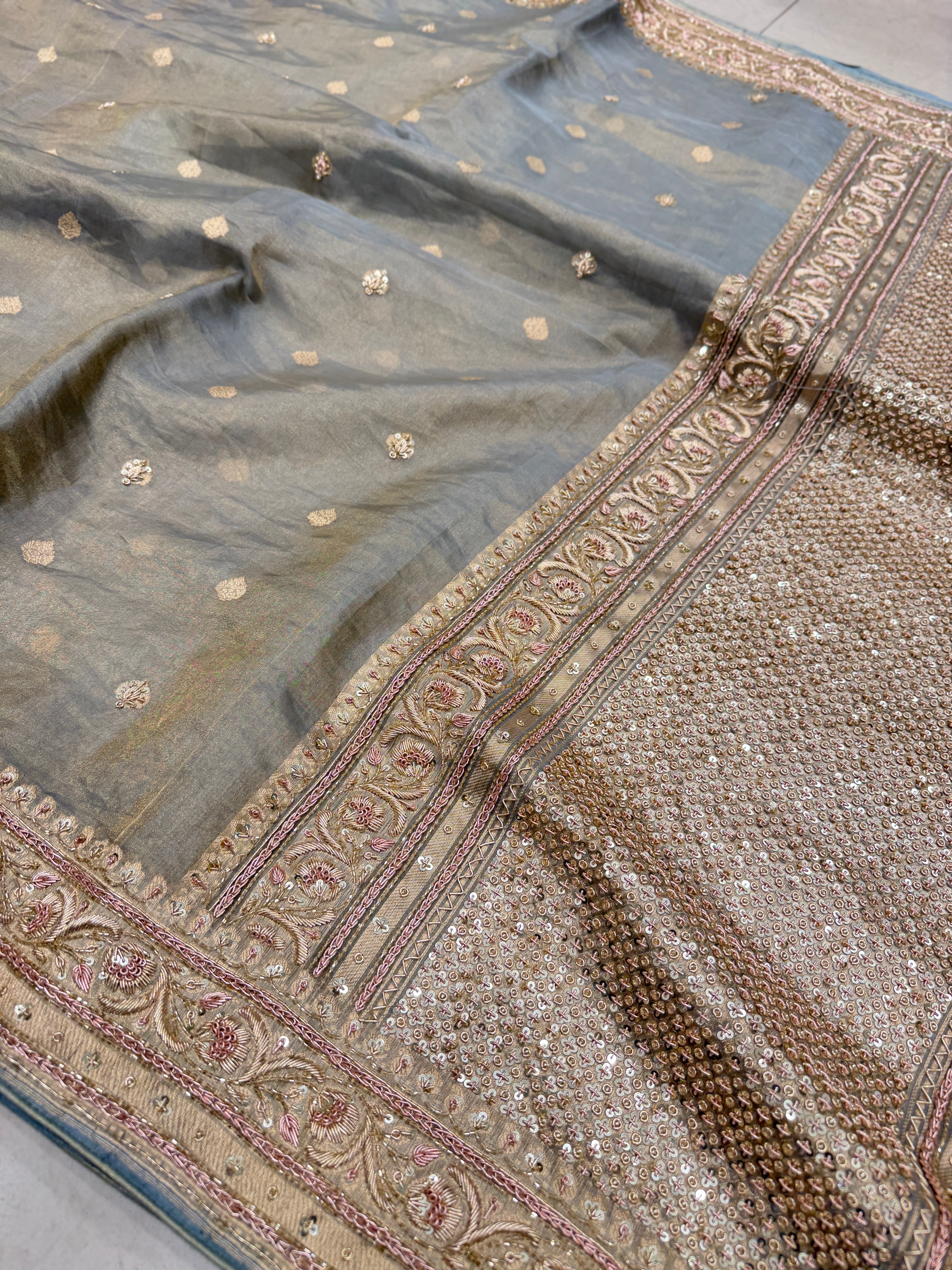 Space Blue Banarasi Tissue Handloom Kadwa Weave Zardosi Embroidery Saree